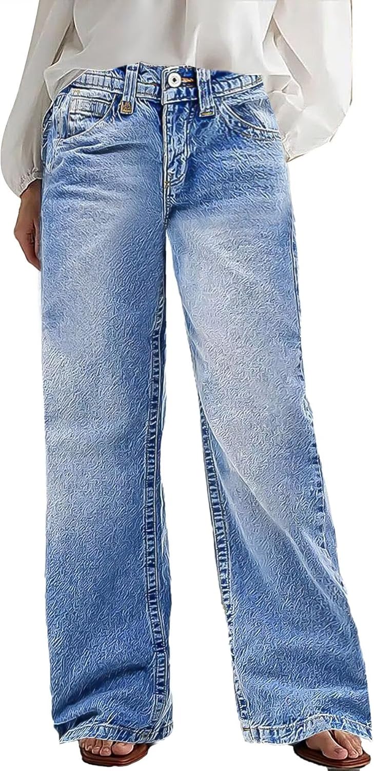 Flamingals Wide Leg Jeans for Women Mid Waist Baggy Stitch Decor Denim Washed Pants Without Belt