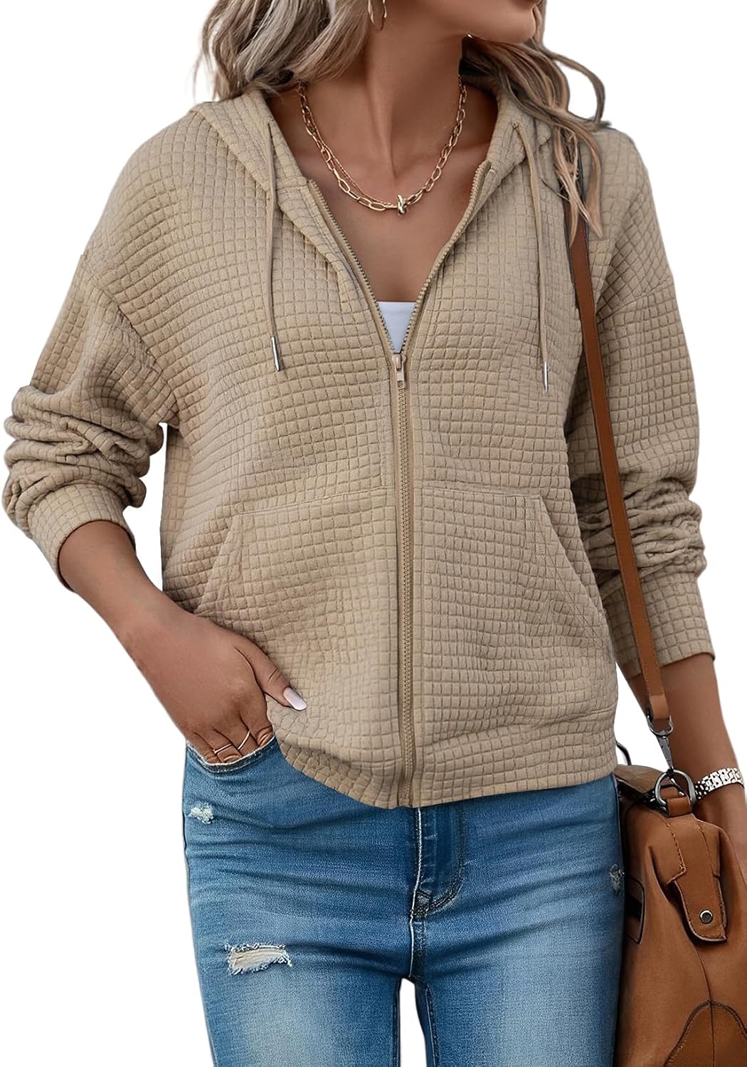 SHEWIN Womens Zip Up Hoodies Oversized Sweatshirt Fall Fashion Outfits 2025 Casual Waffle Hooded Jackets