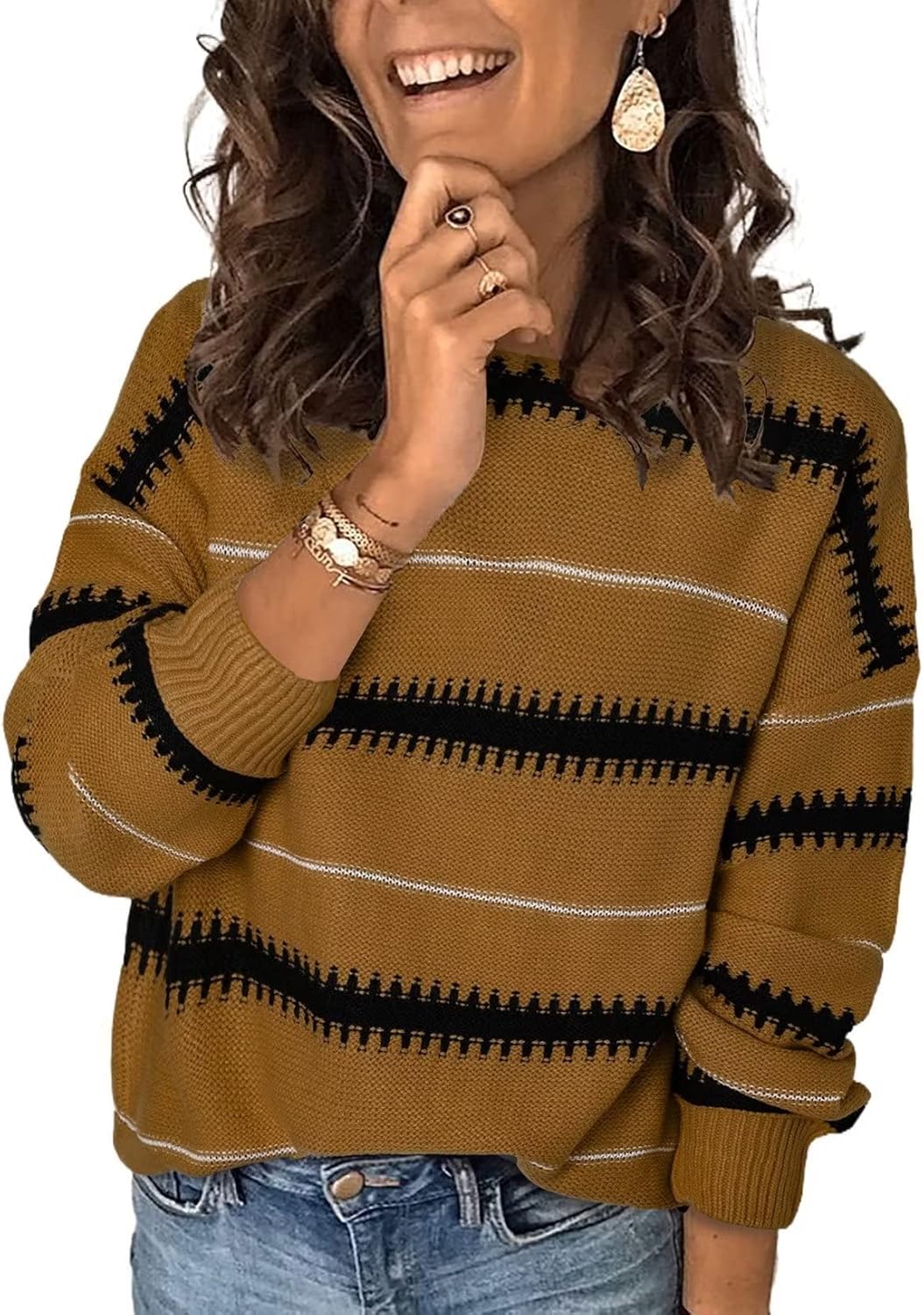 Dokotoo Womens Color Block Sweaters Long Sleeve Crewneck Pullover Knit Jumper Tops