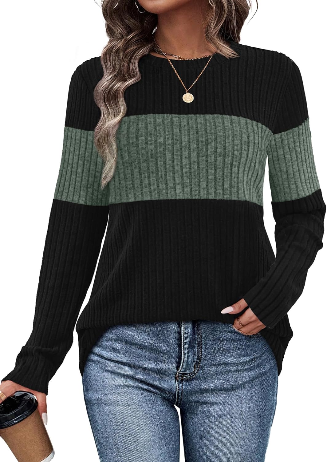 WIHOLL Womens Sweaters Trendy Color Block Tops Long Sleeve Shirts Fall Outfits Early Fall Fashion 2025 Winter Clothing