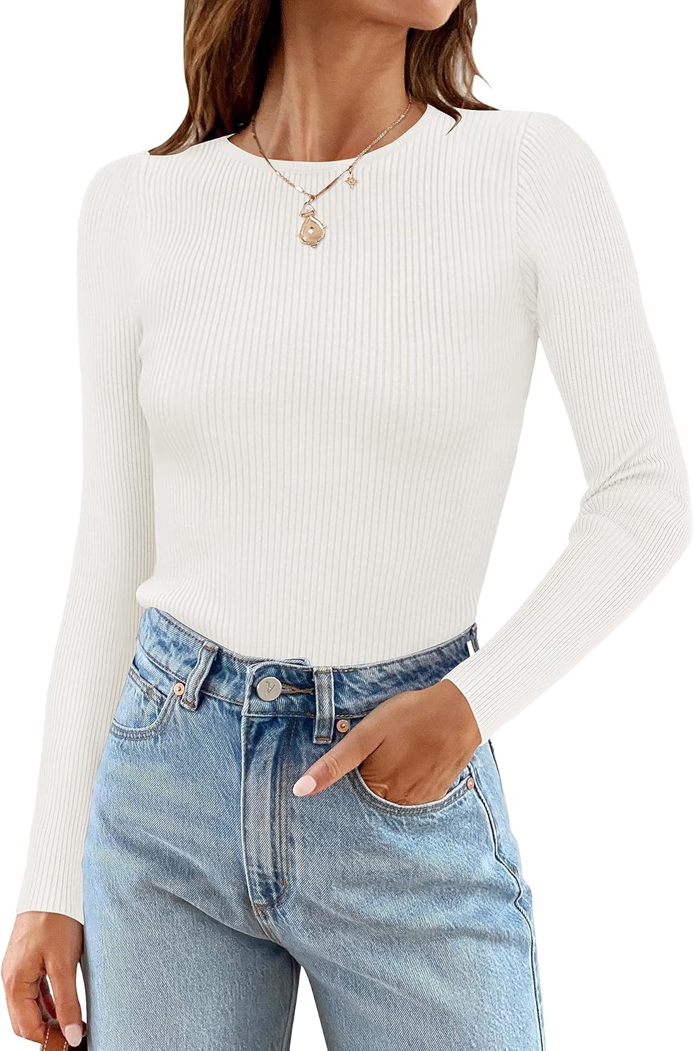 ZESICA Women's Long Sleeve Crewneck Shirts 2025 Fall Ribbed Knit Sweater Slim Fitted Casual Basic Tee Tops