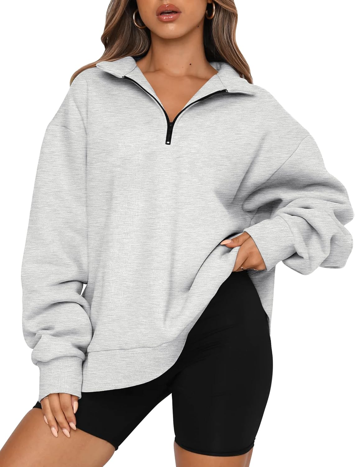 Trendy Queen Womens Oversized Sweatshirts Fall Sweaters Fashion Hoodies Half Zip Pullover Long Sleeve Shirts Clothes