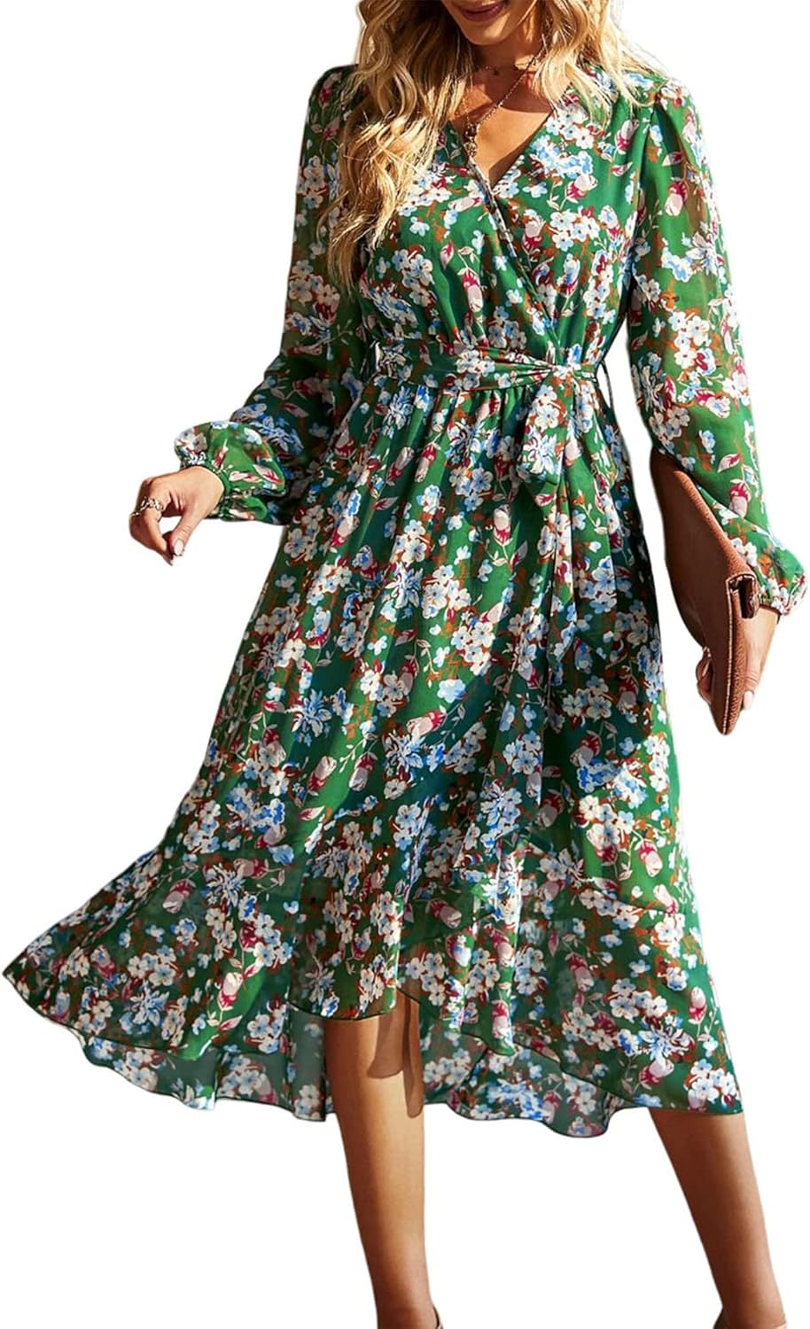 PRETTYGARDEN Women's Floral Boho Dress Fall Long Sleeve Wrap V Neck Ruffle Flowy Maxi Spring Wedding Guest Vacation Dresses