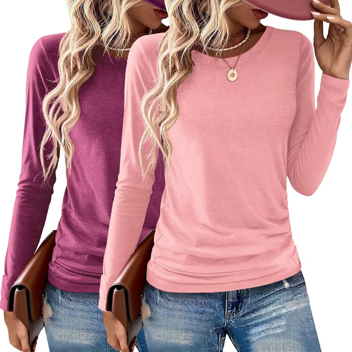 2 Pack Womens Tops Crewneck Soft Long Sleeve Shirts Fall Clothes Casual Tshirts Basic Tee