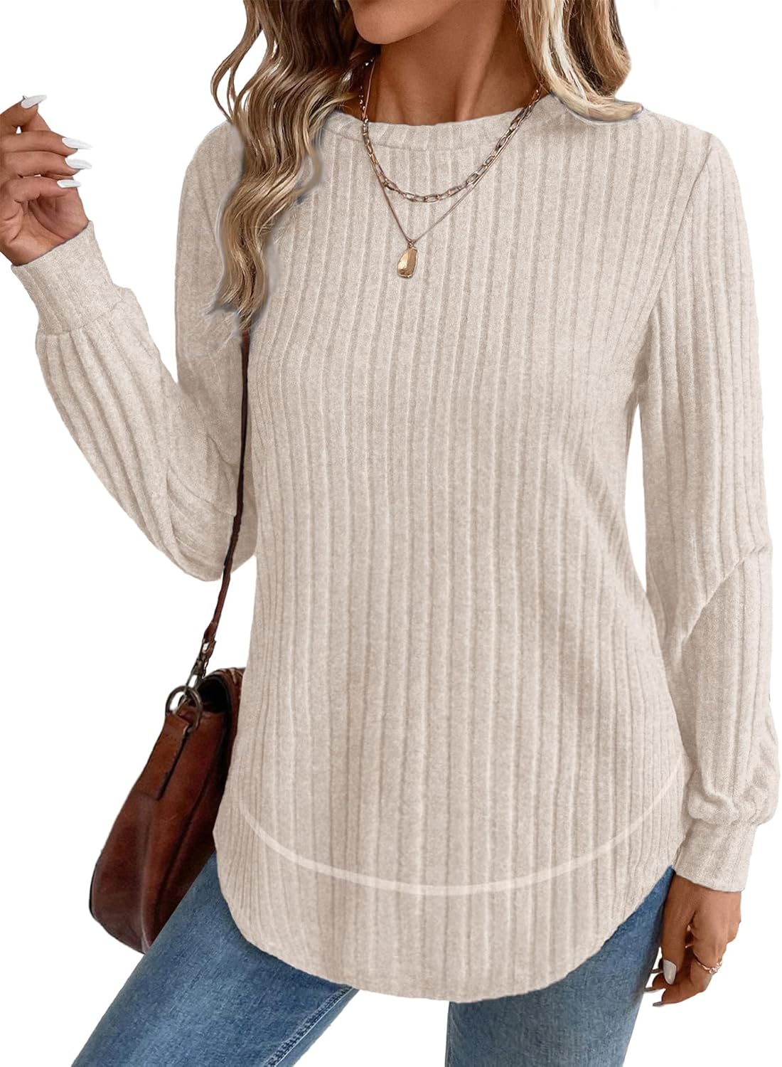 OFEEFAN Tunic Tops for Women Loose Fit Dressy Long Sleeve Shirts Womens Sweaters Crew Neck Fall Clothing with Curved Hem