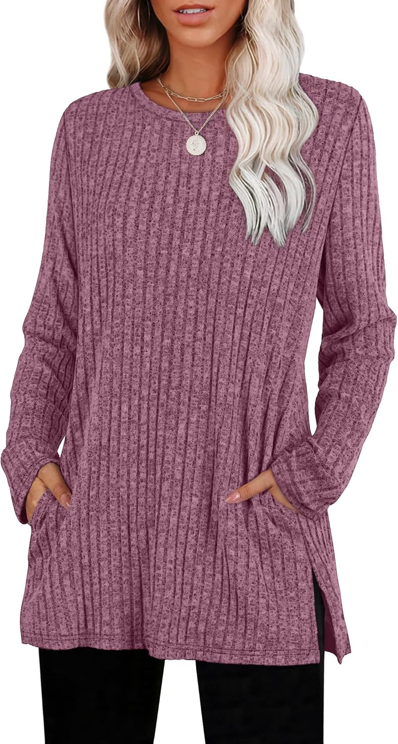 SAMPEEL Womens Sweaters Crewneck Long Sleeve Shirts with Pockets Fall Outfits 2025 Fashion Winter Clothing Side Slit