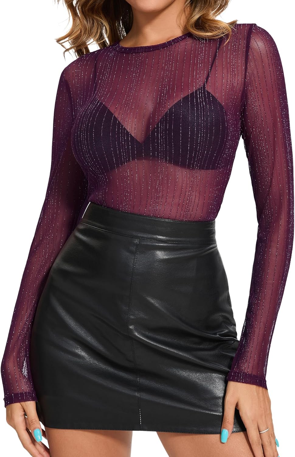 AKEWEI Womens Mesh Long Sleeve Tops Crew Neck Sexy See Through Tee Shirts Party Club Night Lace Blouse