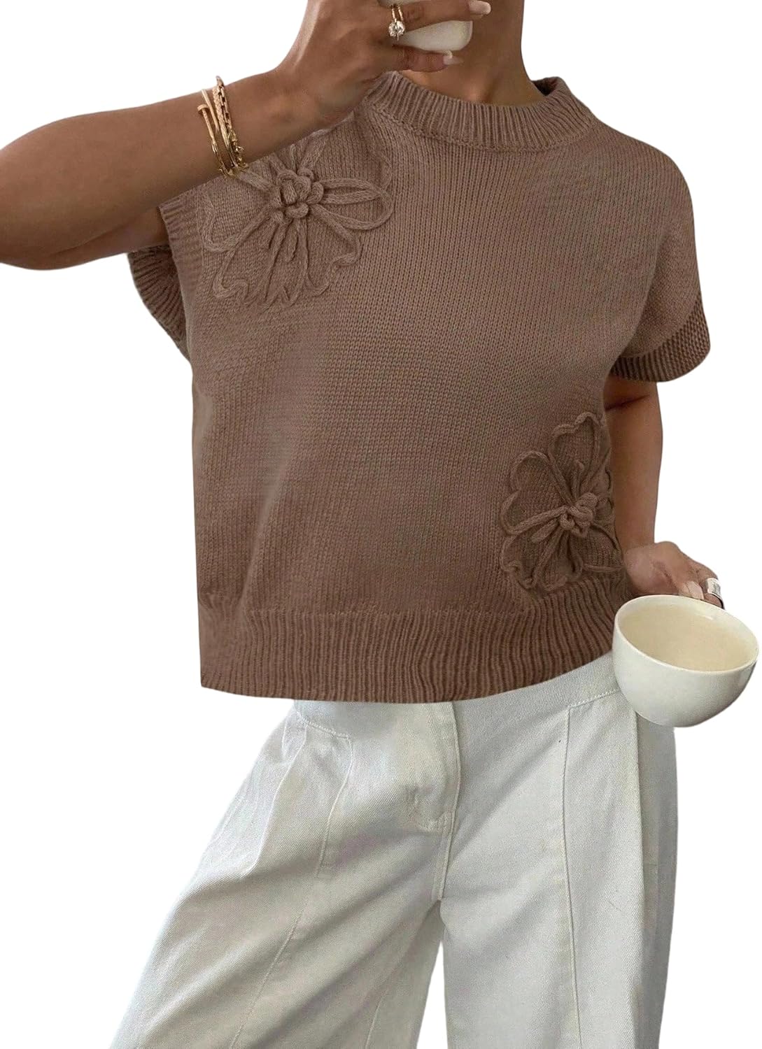 SOLY HUX Women's Ribbed Sweater Crew Neck Short Sleeve Loose Fit Floral Knit Pullover Tops