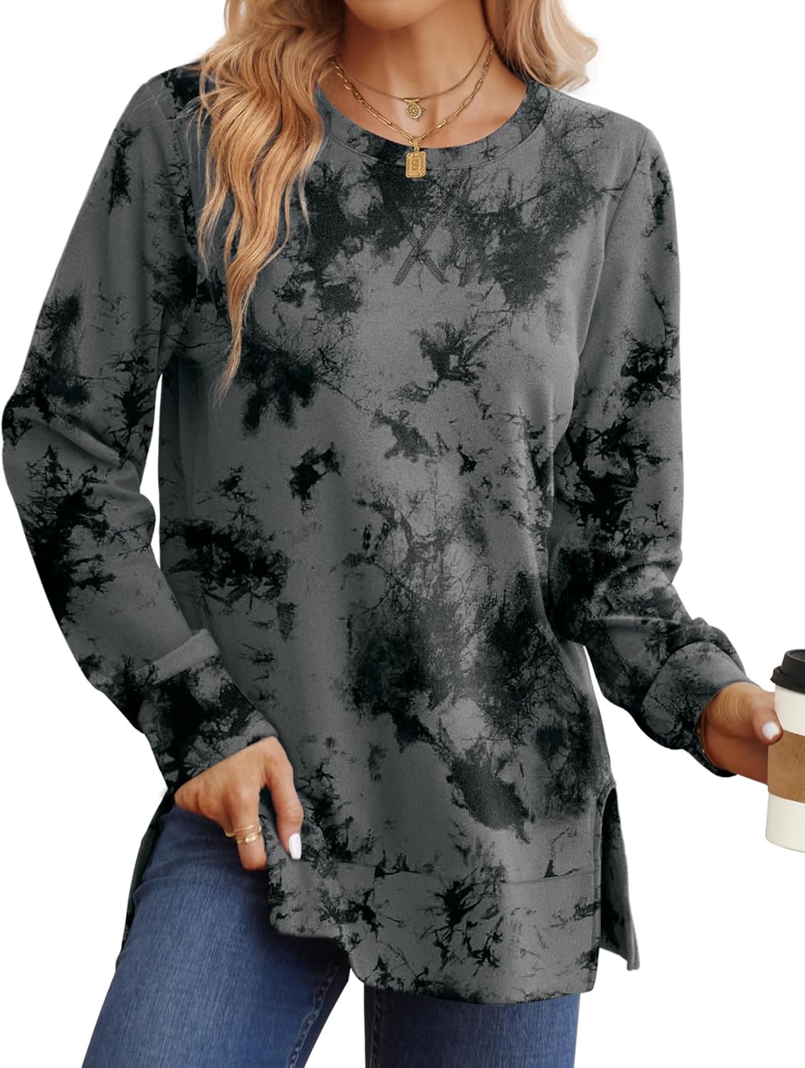 Saloogoe Sweatshirt for women Side Split Fall Fashion 2025 Long Sleeve Shirts Trending Now