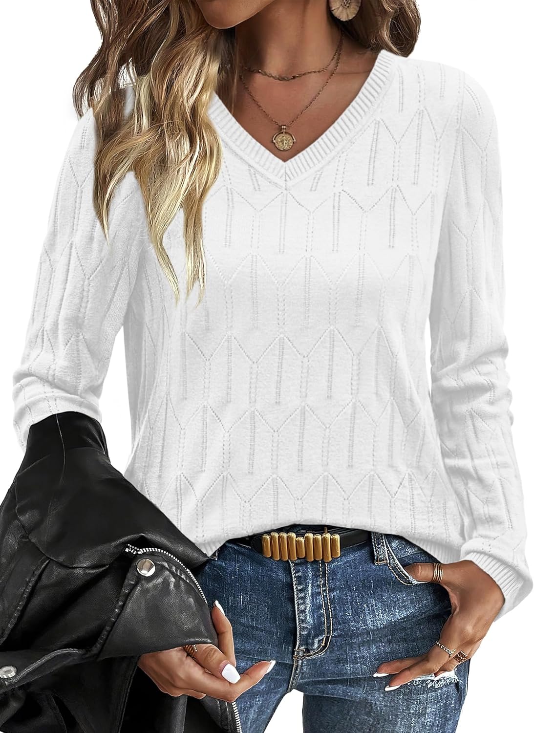 OFEEFAN Womens Sweaters Long Sleeve Shirts Fall Outfits 2025 V Neck Soft Knit Pullover Trendy Tops Dressy Casual Blouses