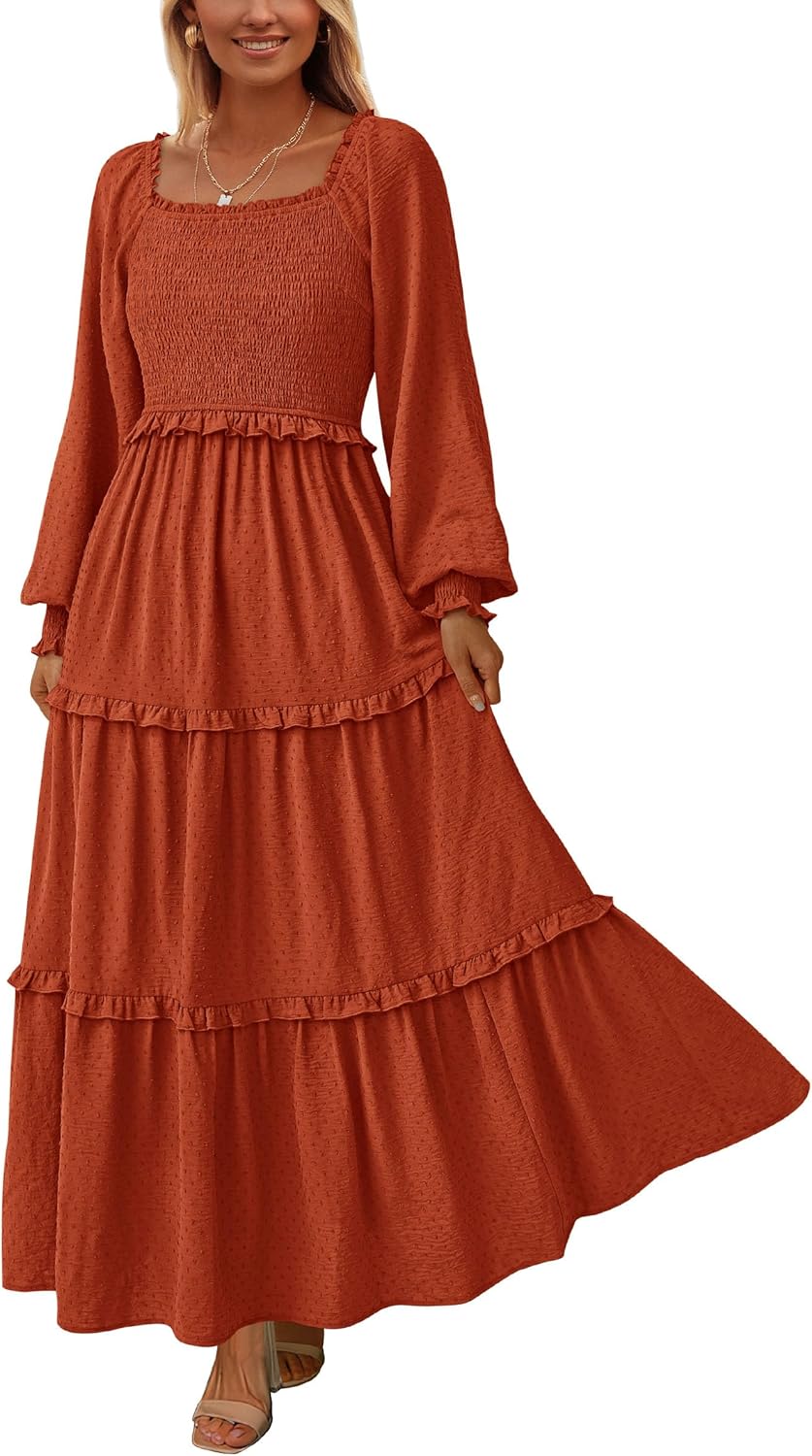 PRETTYGARDEN Fall Dresses for Women 2025 Long Sleeve Smocked Square Neck Swiss Dot Tiered Flowy Wedding Guest Maxi Dress