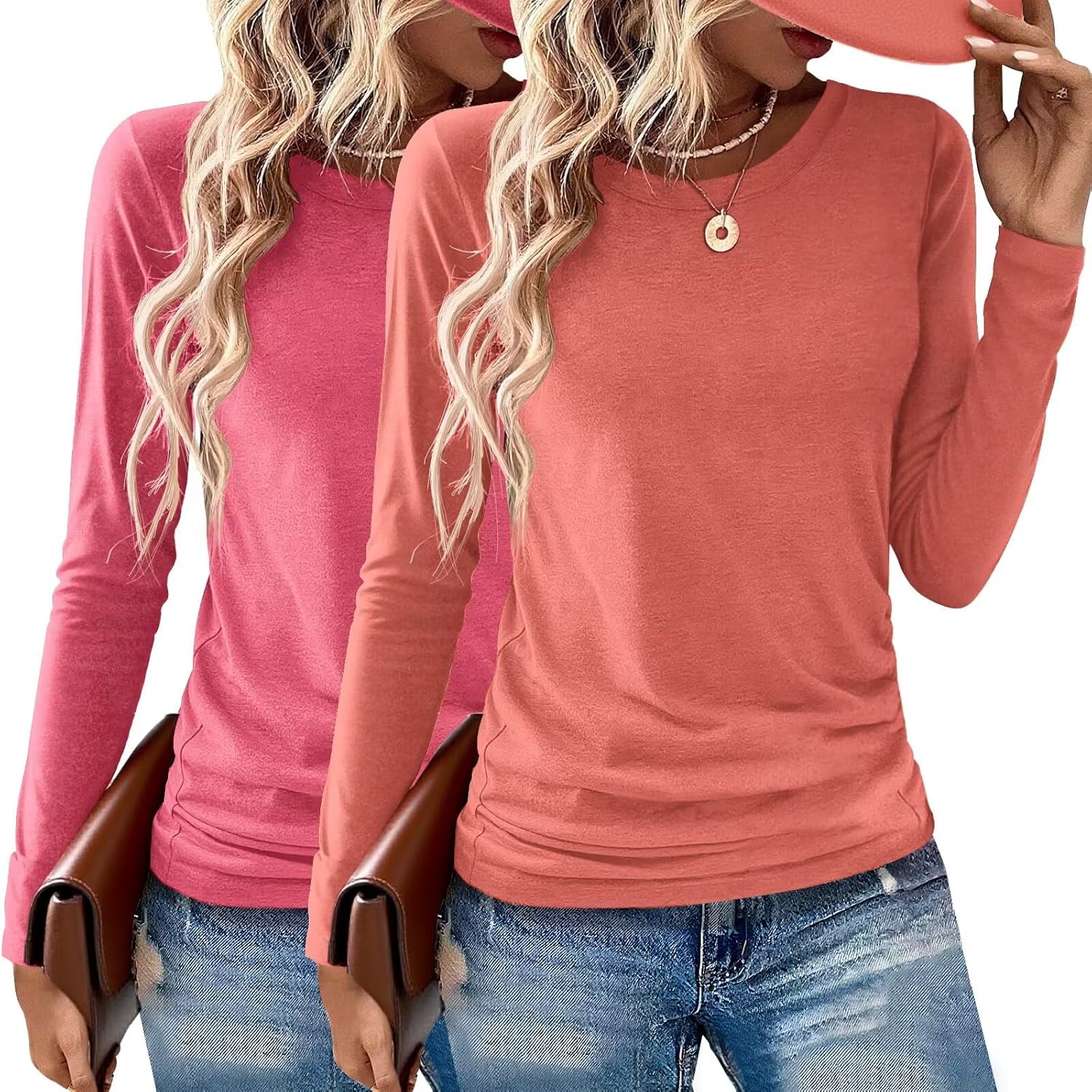 2 Pack Womens Tops Crewneck Soft Long Sleeve Shirts Fall Clothes Casual Tshirts Basic Tee