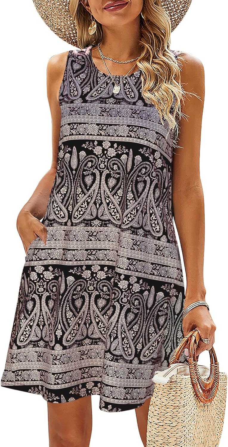 SimpleFun Summer Dresses for Women Beach Floral Tshirt Sundress Casual Pockets Boho Tank Dress