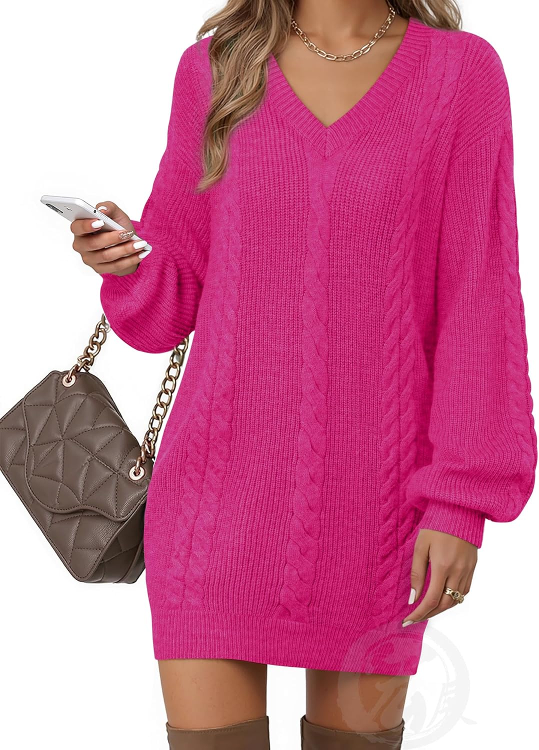 Women's Pullovers Jumper Sweaters Lantern Sleeve Casual V Neck Fall Knit Mini Sweater Dresses