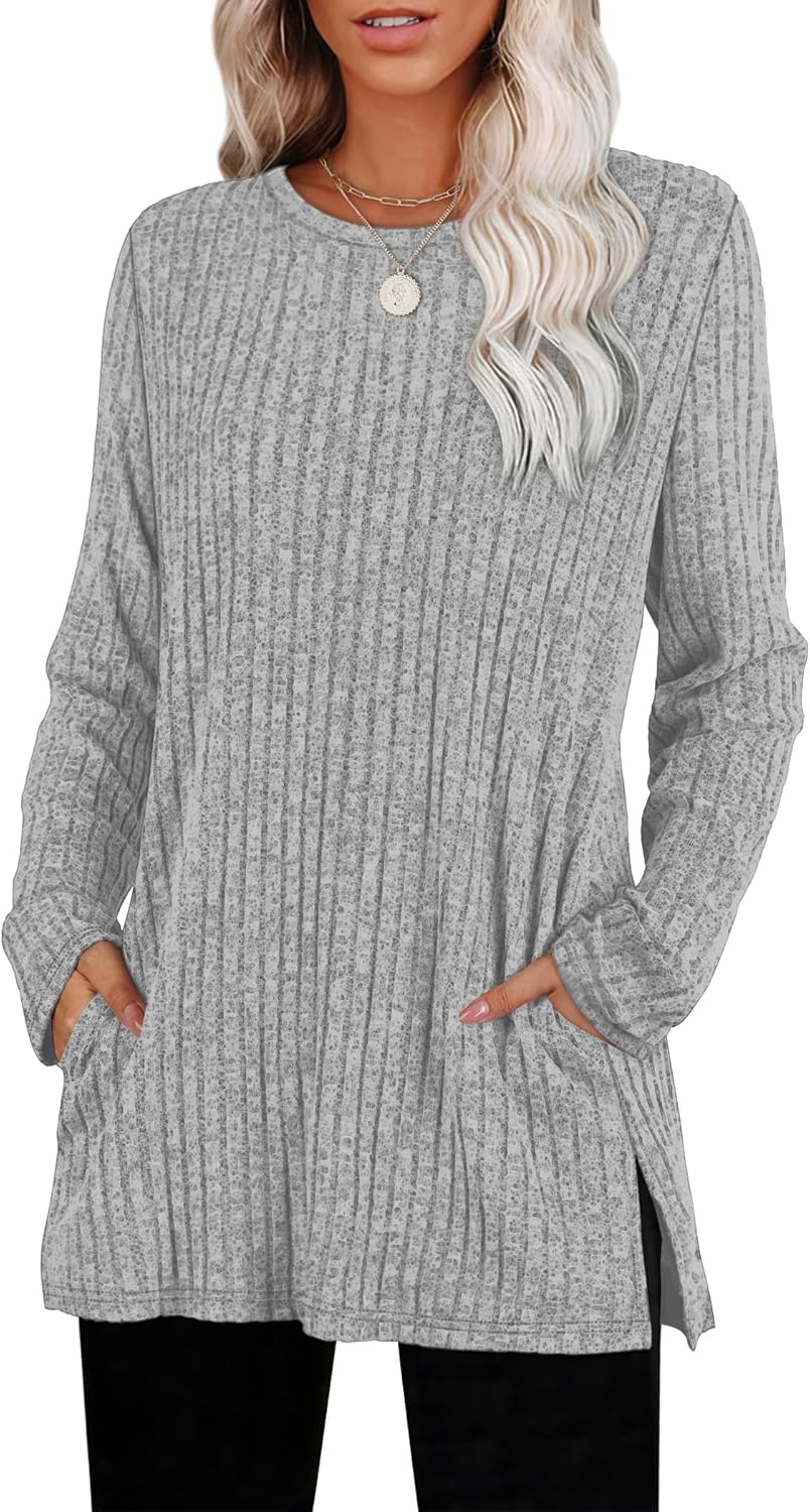 SAMPEEL Womens Sweaters Crewneck Long Sleeve Shirts with Pockets Fall Outfits 2025 Fashion Winter Clothing Side Slit
