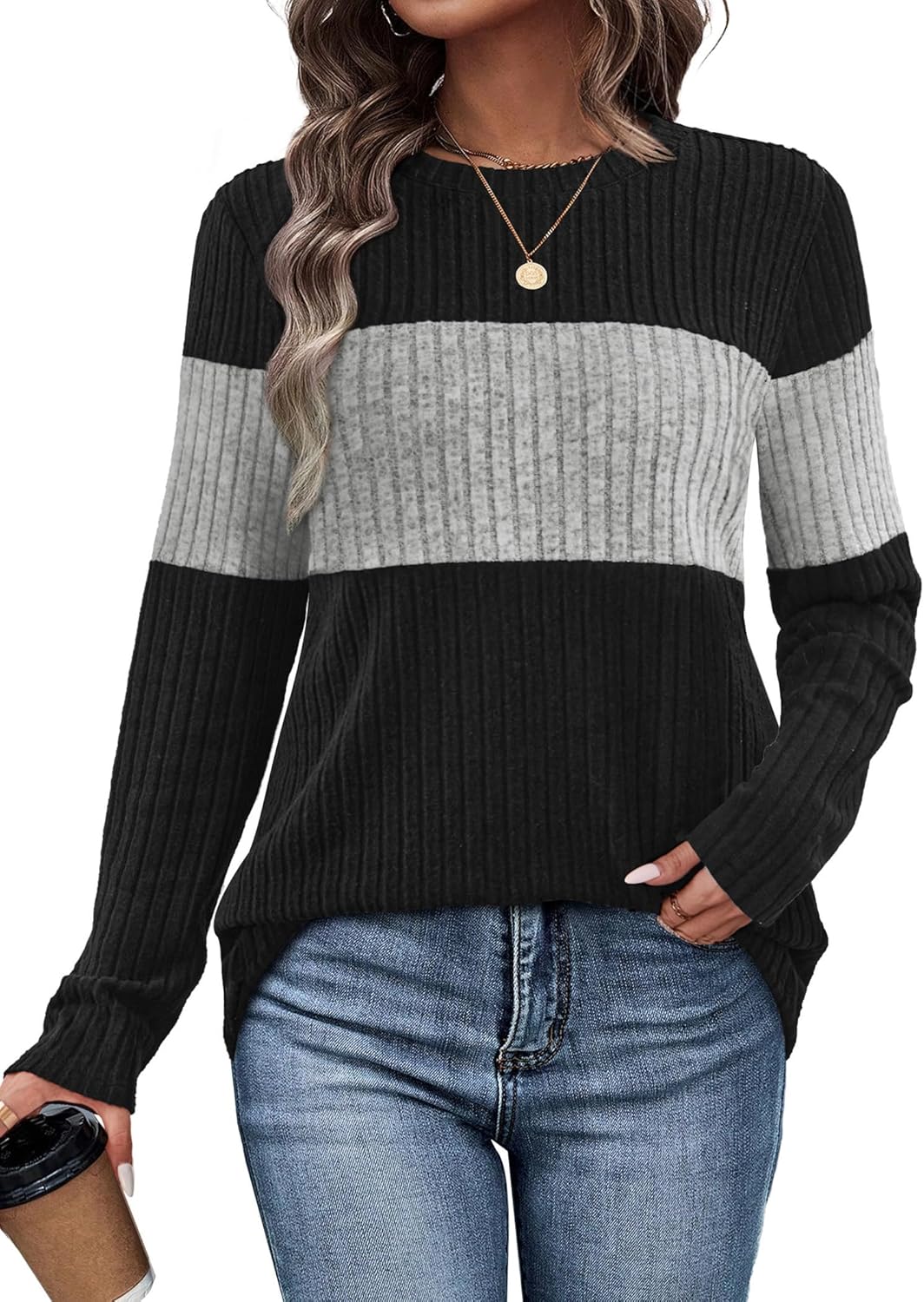 WIHOLL Womens Sweaters Trendy Color Block Tops Long Sleeve Shirts Fall Outfits Early Fall Fashion 2025 Winter Clothing