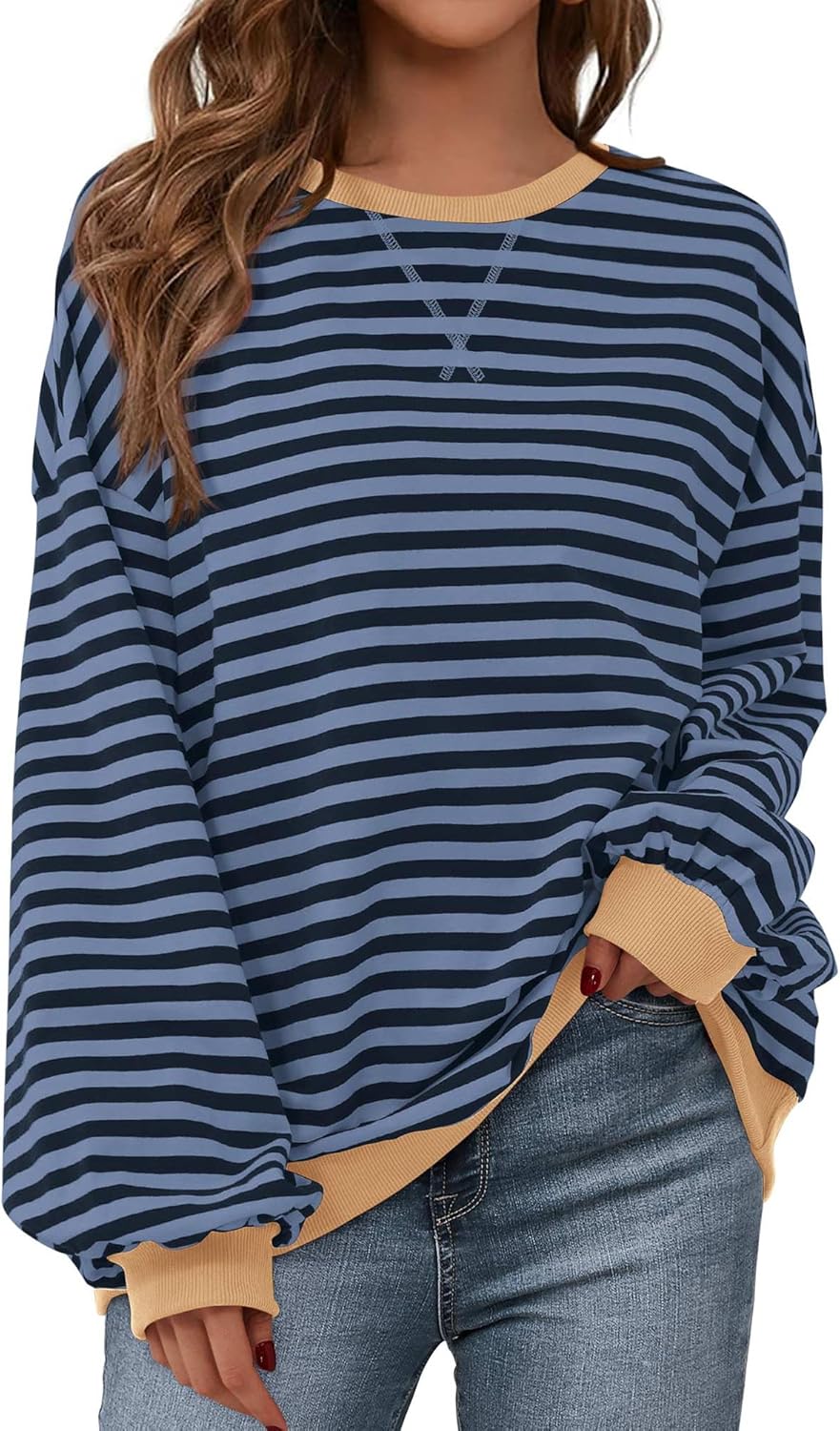 BTFBM Womens Oversized Striped Sweatshirt Crewneck Long Sleeve Pullover Top Casual Y2K Fall Clothes 2025 Workout Shirt