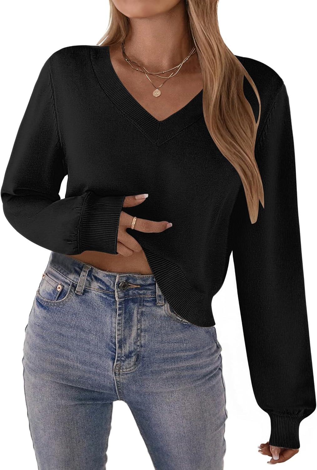 Zeagoo Women's 2025 Fall V-Neck Cropped Sweater Trendy Long Latern Sleeve Ribbed Knit Pullover Crop Tops