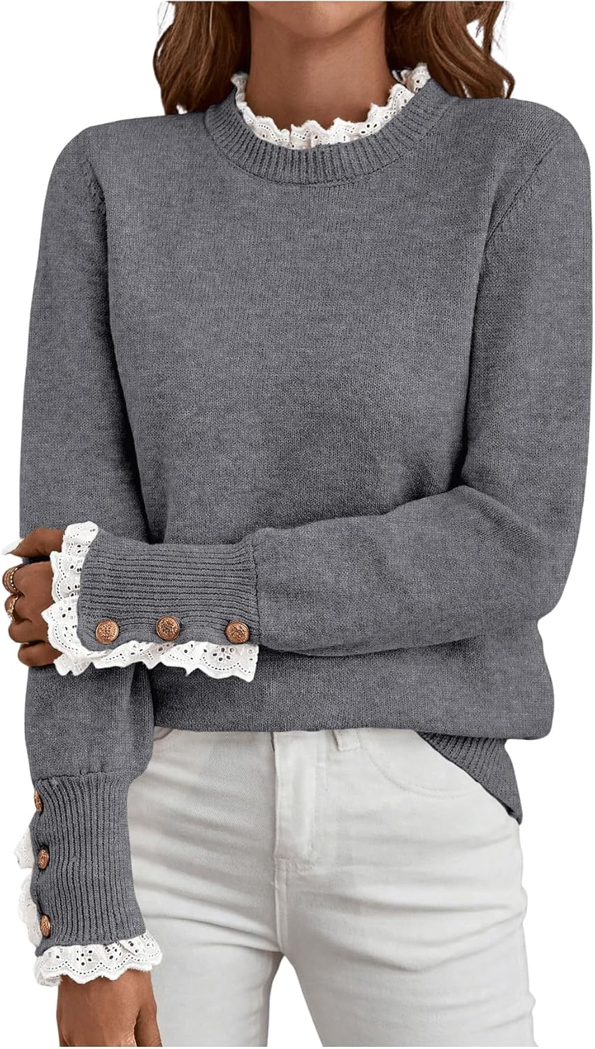 MakeMeChic Women's Fall Sweaters Lace Peplum Mock Neck Cozy Sweater Pullover