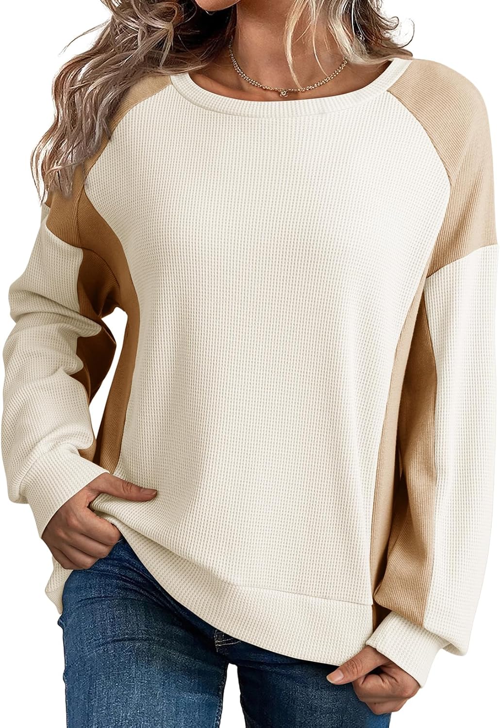 Dokotoo Oversized Sweatshirt for Women Waffle Knit Color Block Crewneck Long Sleeve Casual High Low Pullover Sweatshirts Tops