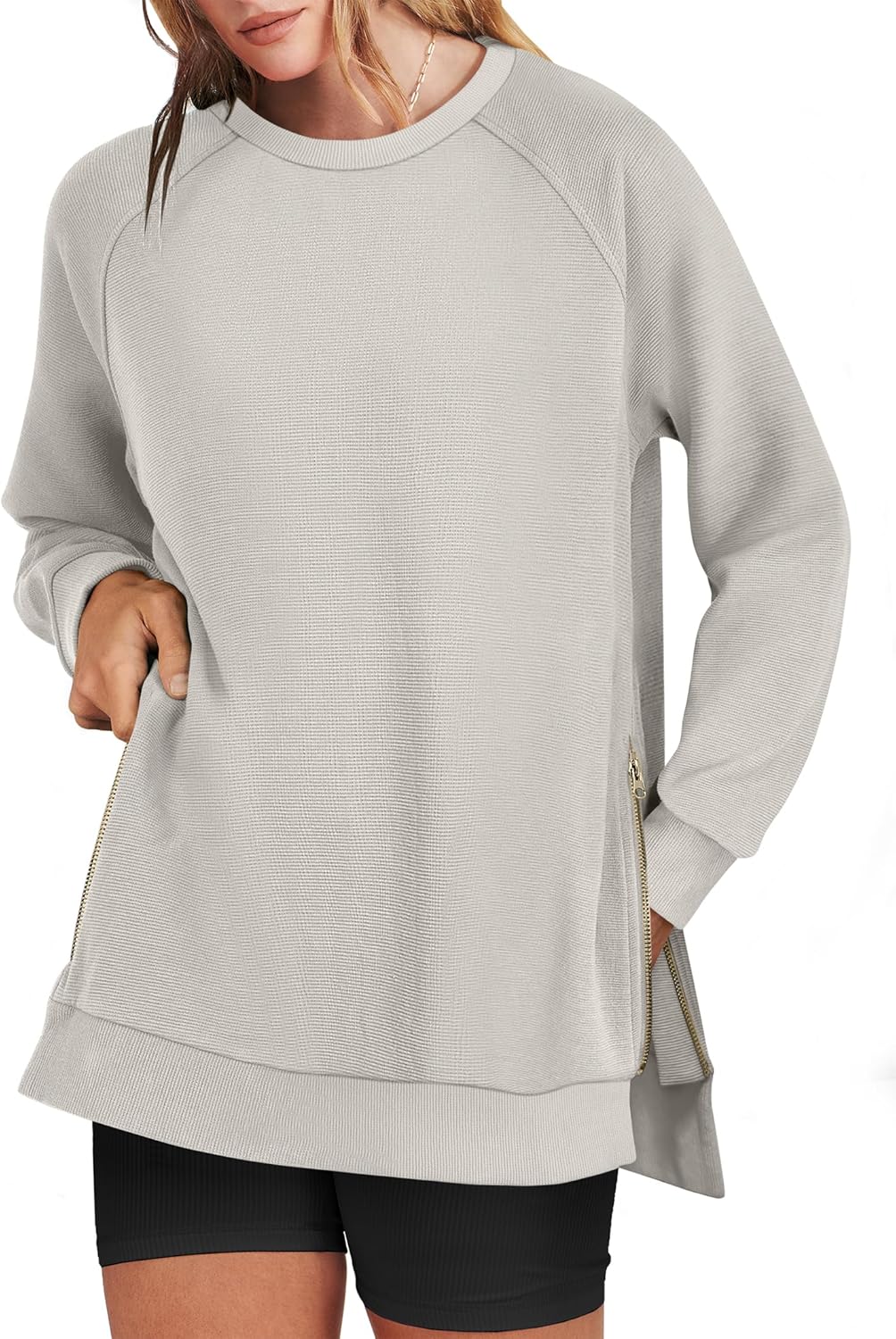 ANRABESS Women's Oversized Sweatshirts Crewneck Long Sleeve Tunic Pullover Shirts Side Zipper Hoodies 2025 Fall Clothes