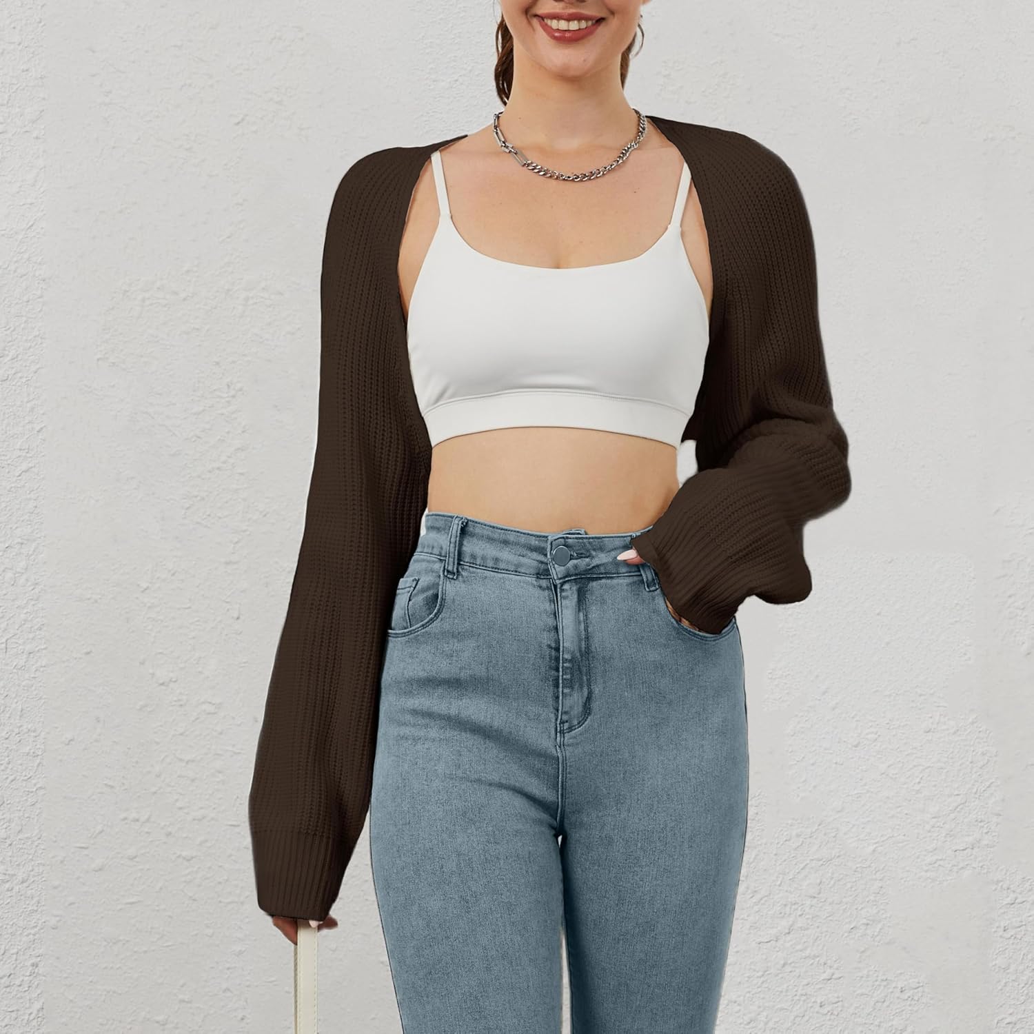 Women Open Front Ribbed Knit Crop Bolero Drop Shoulder Long Sleeve Solid Loose Fit Knitted Crop Cardigan Shrug