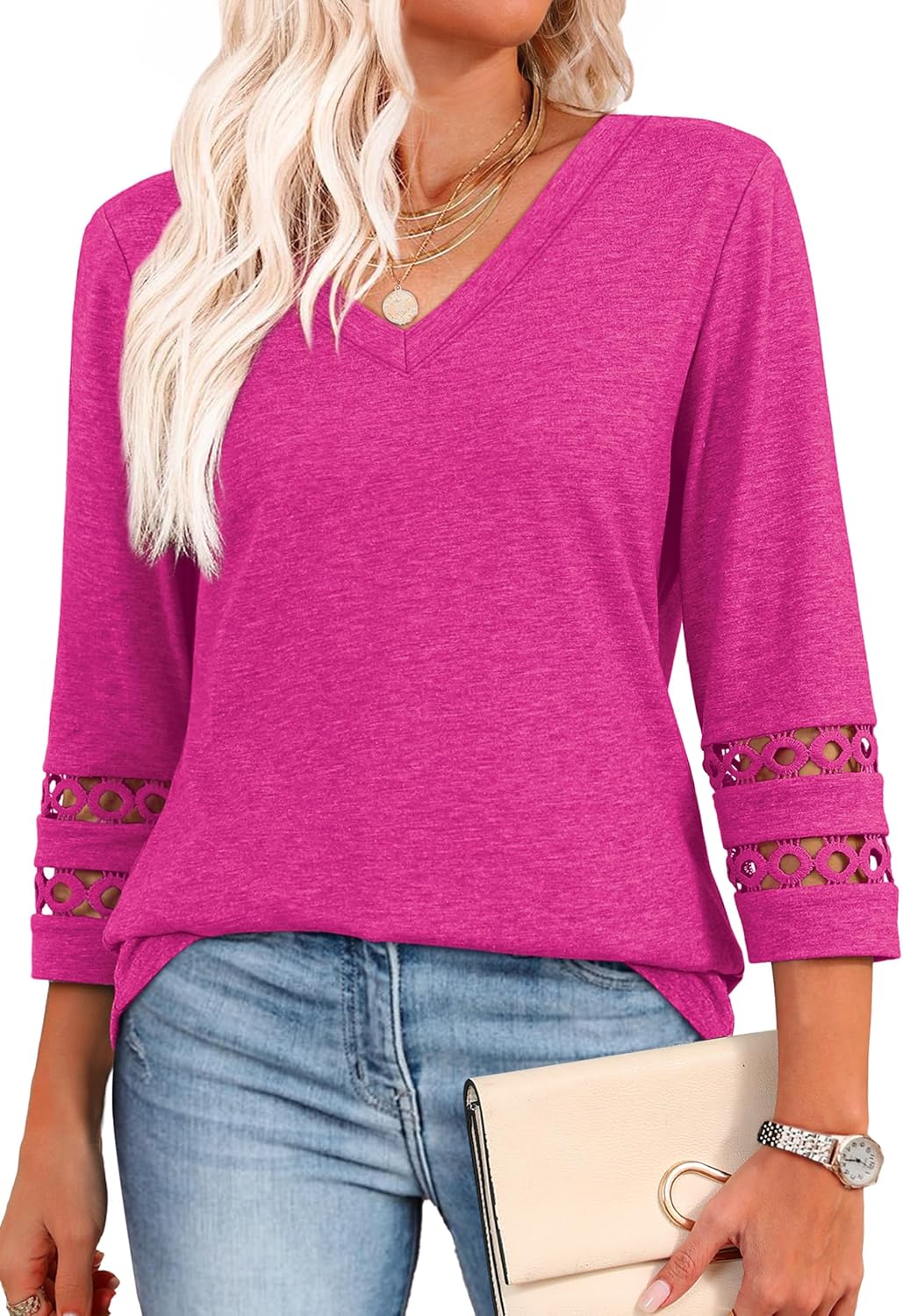 XIEERDUO 3/4 Length Sleeve Womens Tops Dressy Casual Blouses for Women 2025 Trendy V Neck T Shirts Summer Clothes