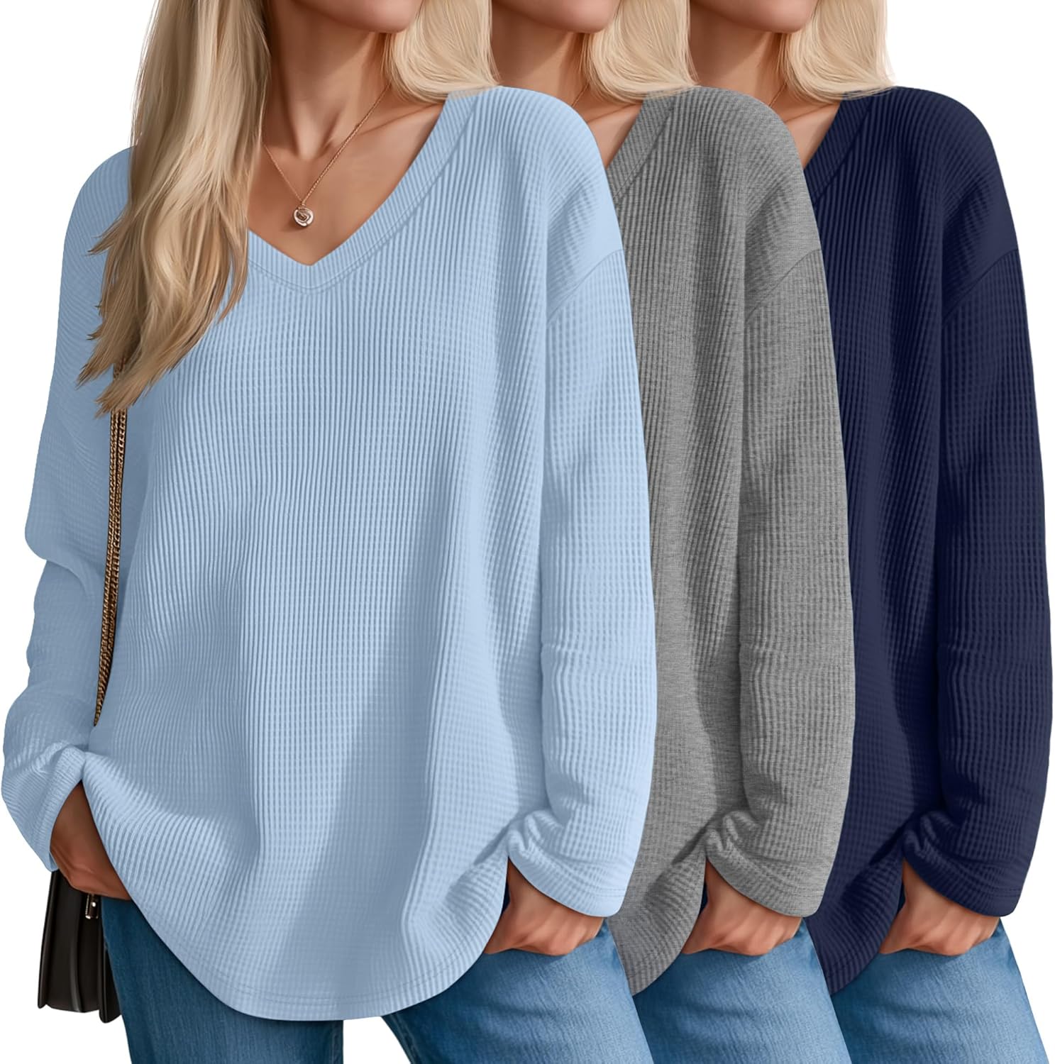 3 Pack Women's Oversized Waffle Knit Shirts, V Neck Long Sleeve Top Fall Casual Sweatshirt for Women