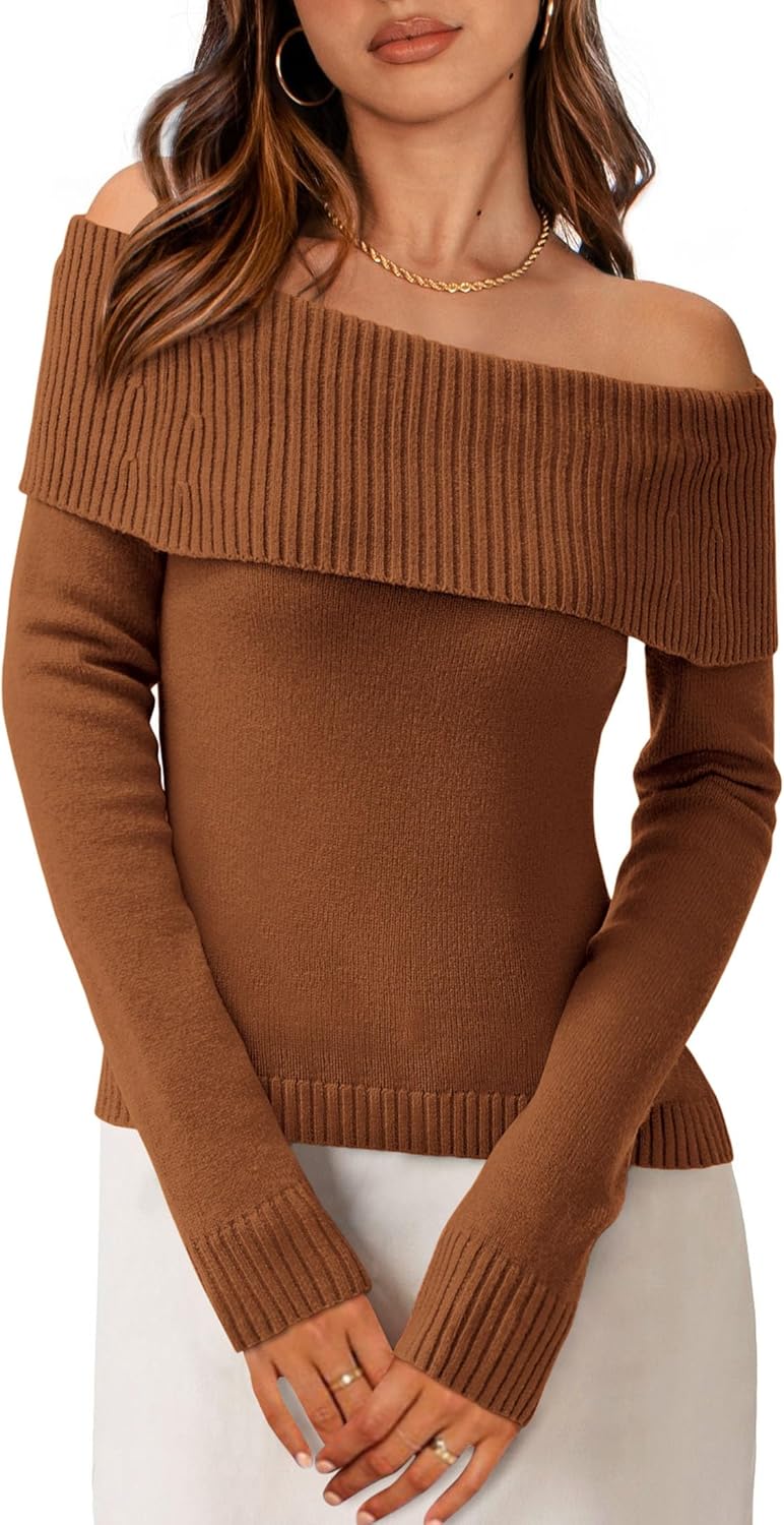 PRETTYGARDEN Off The Shoulder Sweater for Women 2025 Fall Fashion Cute Long Sleeve Tops Winter Ribbed Pullover Knit Outfits
