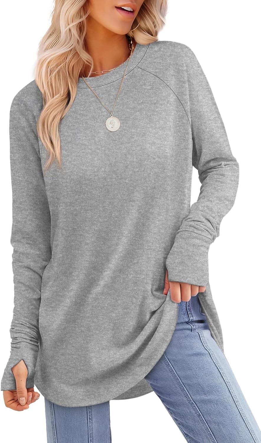 XIEERDUO Womens Tunic Tops to Wear with Leggings Long Sleeve Thumb Hole Shirts Crew Neck Curved Hem