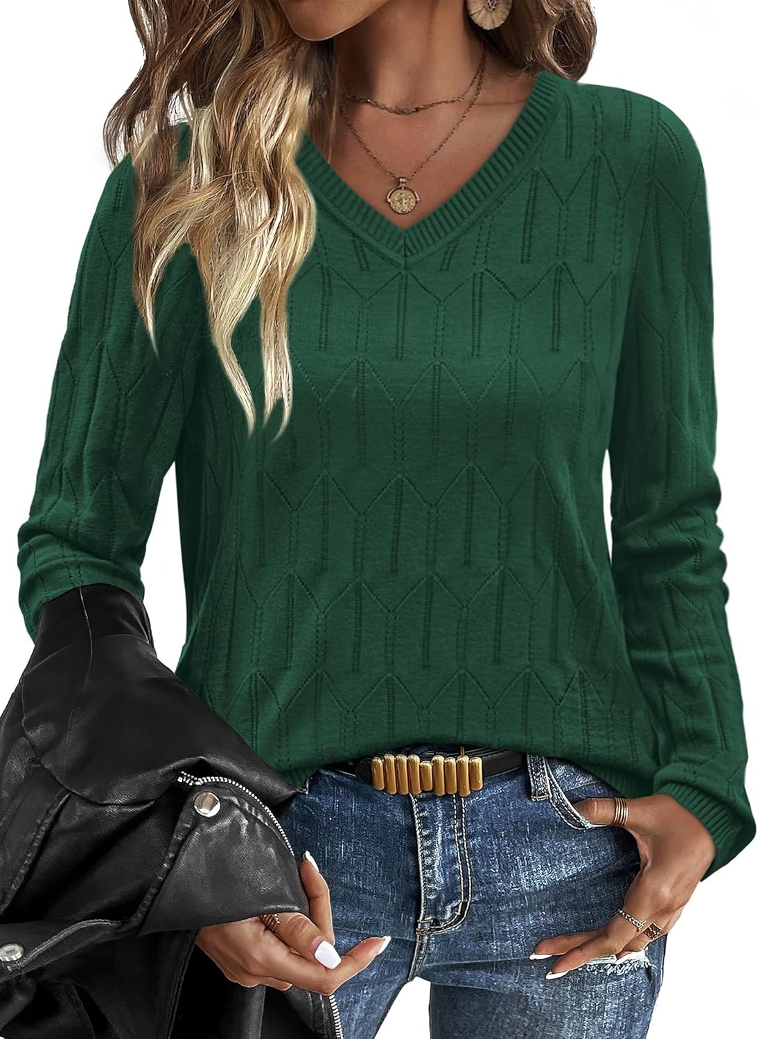 OFEEFAN Womens Sweaters Long Sleeve Shirts Fall Outfits 2025 V Neck Soft Knit Pullover Trendy Tops Dressy Casual Blouses