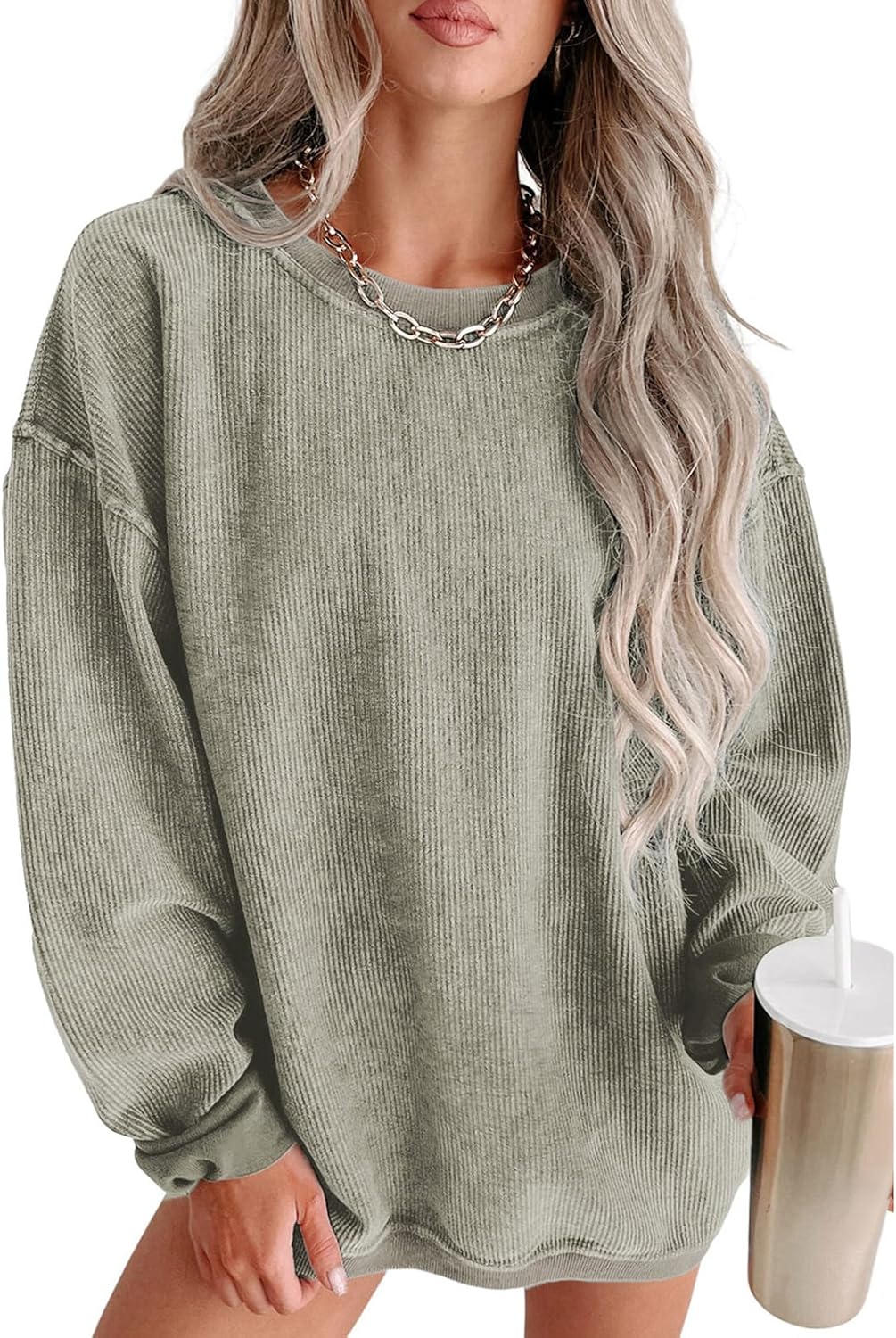 SELINK Womens Crewneck Oversized Corduroy Corded Sweatshirt Long Sleeve Casual Pullover Tops