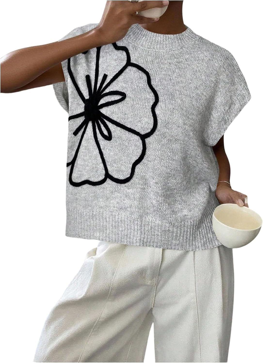 SOLY HUX Women's Ribbed Sweater Crew Neck Short Sleeve Loose Fit Floral Knit Pullover Tops