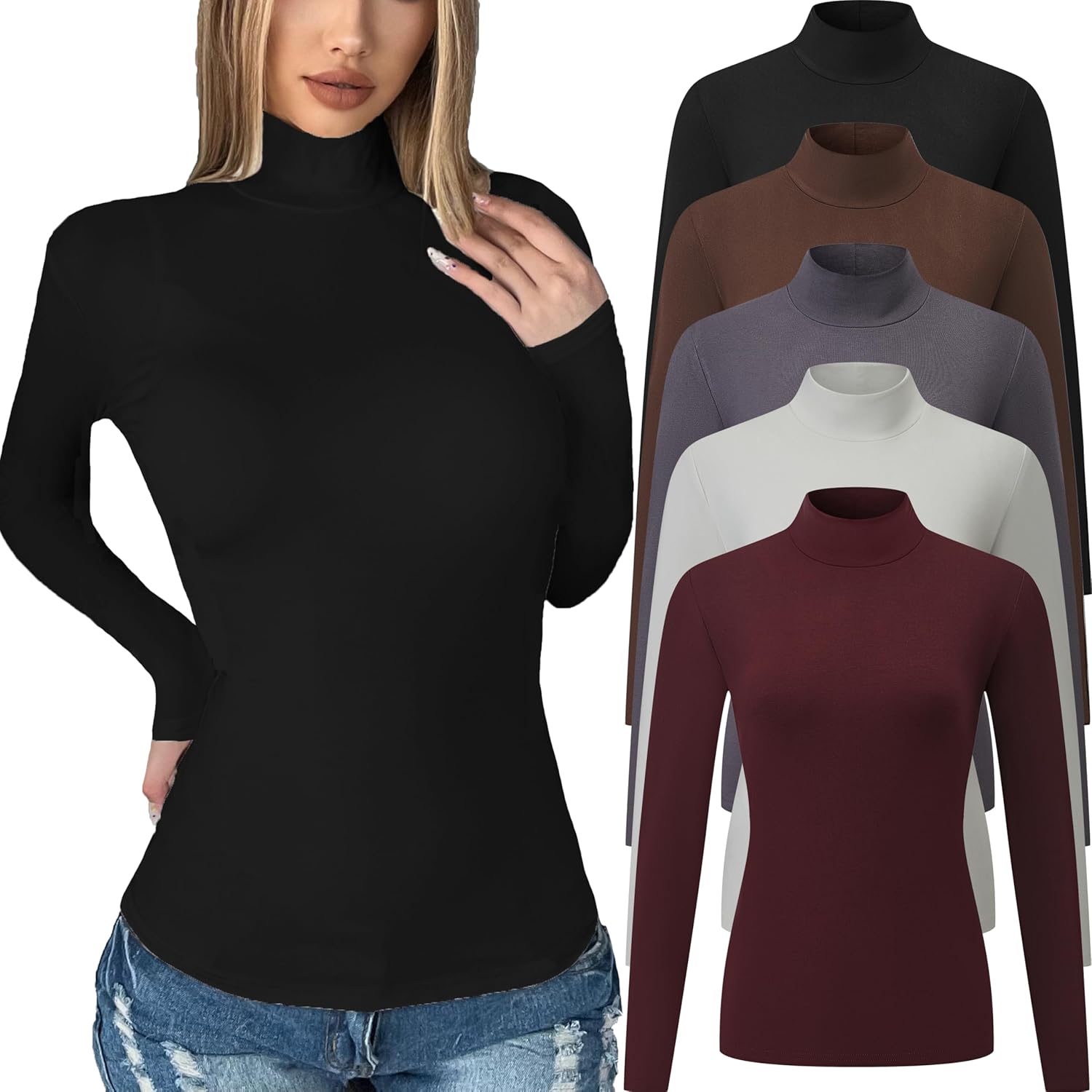 5 Pack Womens Long Sleeve Tops Mock Turtleneck Basic T Shirt Fall Stretch Tight Fitted Thermal Shirts