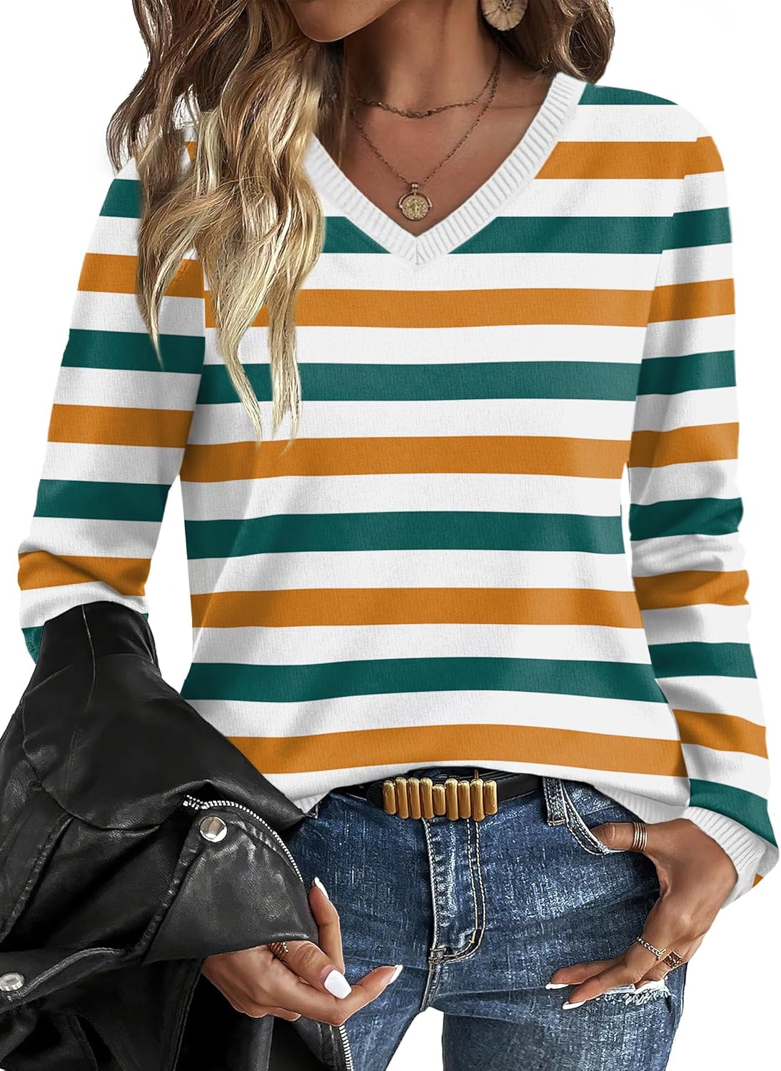 OFEEFAN Womens Sweaters Long Sleeve Shirts Fall Outfits 2025 V Neck Soft Knit Pullover Trendy Tops Dressy Casual Blouses