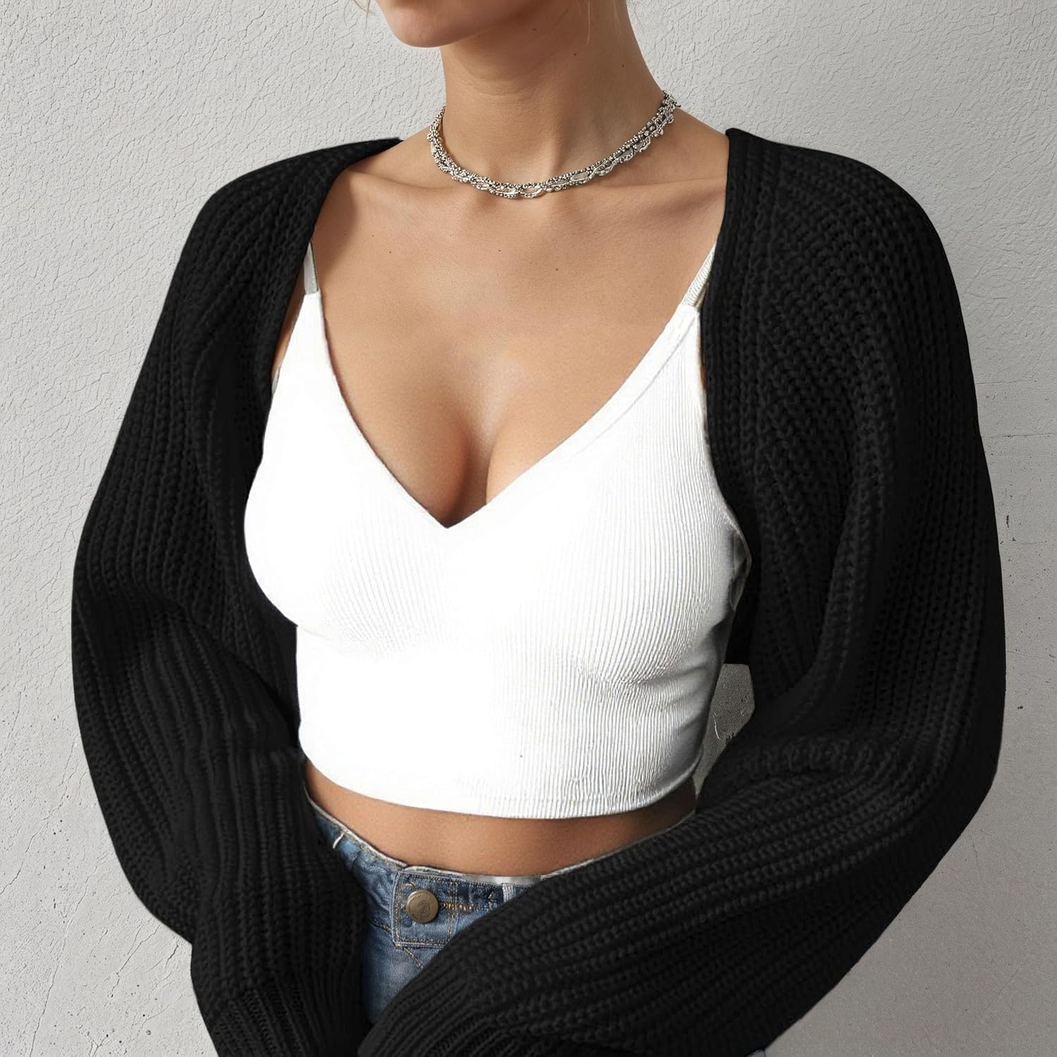 Women Open Front Ribbed Knit Crop Bolero Drop Shoulder Long Sleeve Solid Loose Fit Knitted Crop Cardigan Shrug