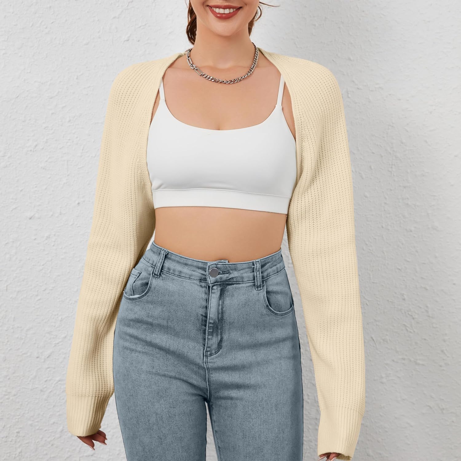 Women Open Front Ribbed Knit Crop Bolero Drop Shoulder Long Sleeve Solid Loose Fit Knitted Crop Cardigan Shrug