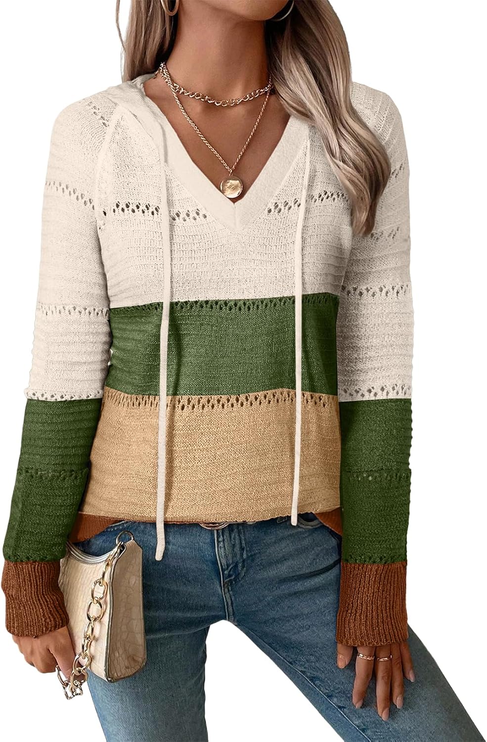 BLENCOT Women Color Block Hooded Crochet Striped Sweaters Lightweight Drawstring Hoodies Pullover Trendy Sweatshirts