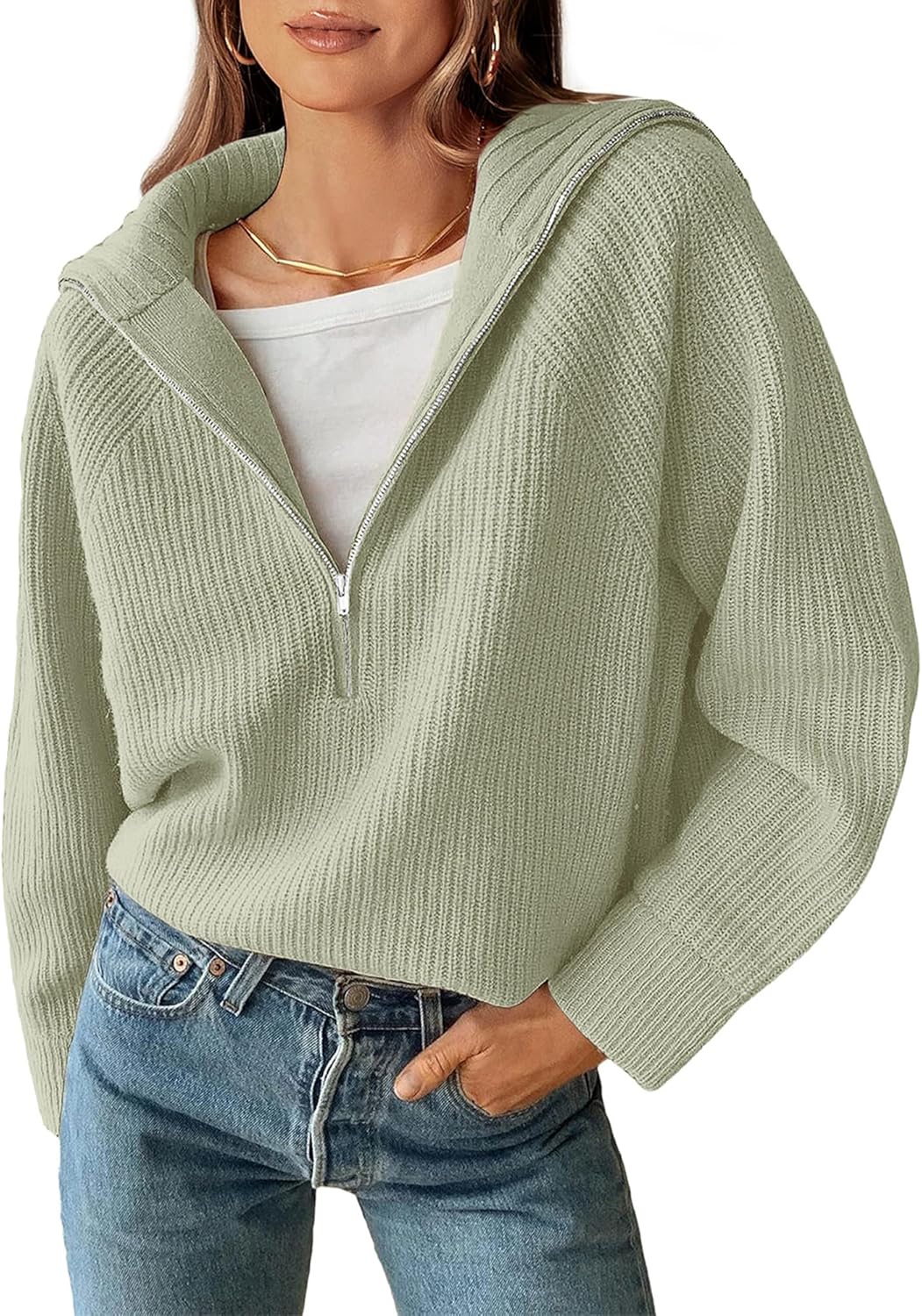 BTFBM Womens Sweaters Quarter Zip Pullover V Neck Collar Long Sleeve Ribbed Knit Loose Casual 2025 Winter Fall Sweater