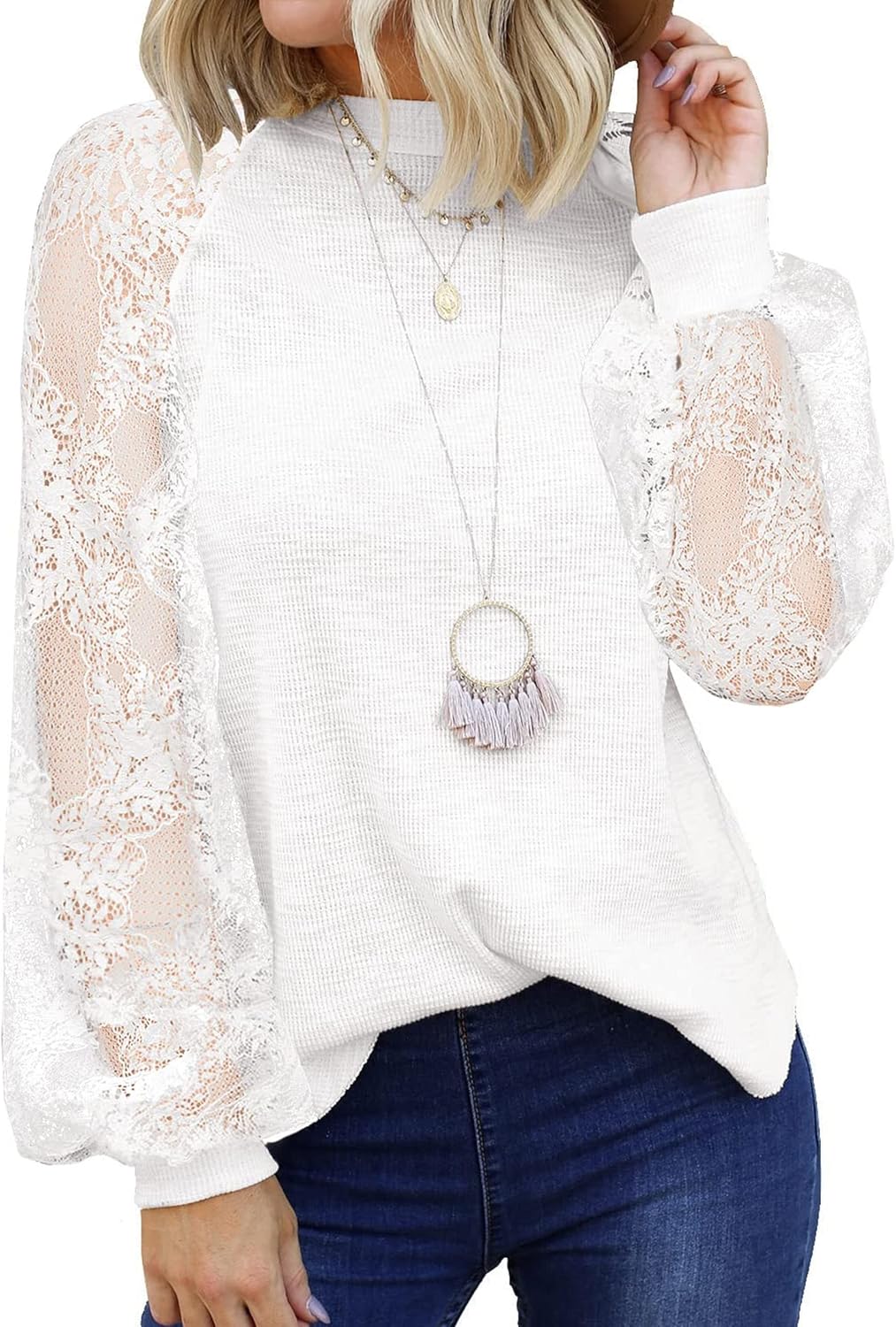 MIHOLL Women’s Long Sleeve Tops Lace Casual Loose Blouses T Shirts