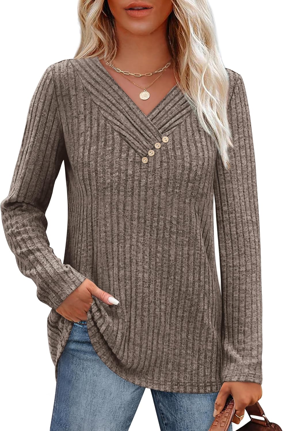 SAMPEEL Sweaters for Women Long Sleeve Shirts V Neck Tops with Buttons Fall Fashion Outfits Winter Clothing 2025