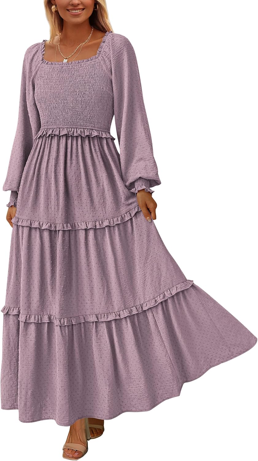 PRETTYGARDEN Fall Dresses for Women 2025 Long Sleeve Smocked Square Neck Swiss Dot Tiered Flowy Wedding Guest Maxi Dress
