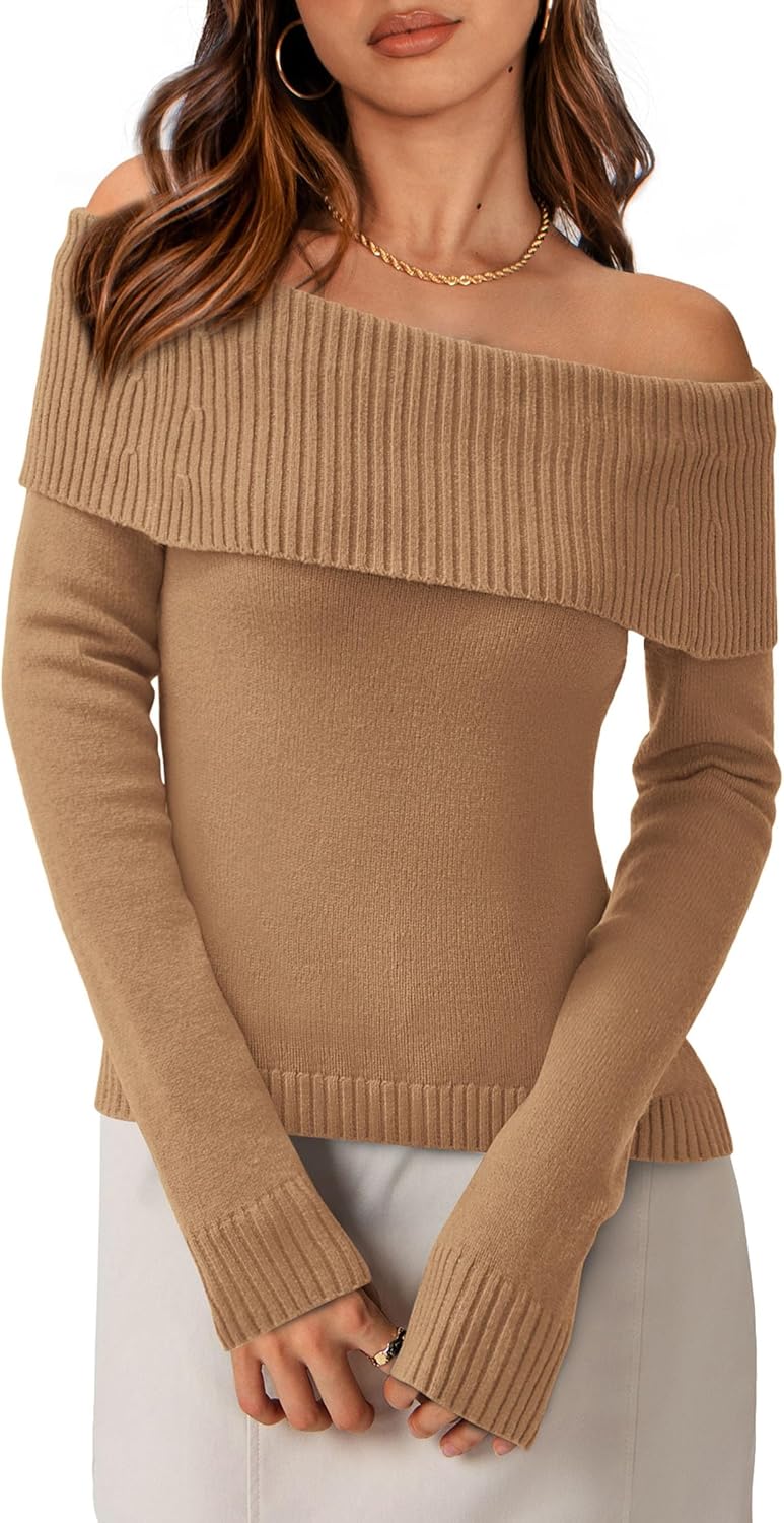 PRETTYGARDEN Off The Shoulder Sweater for Women 2025 Fall Fashion Cute Long Sleeve Tops Winter Ribbed Pullover Knit Outfits