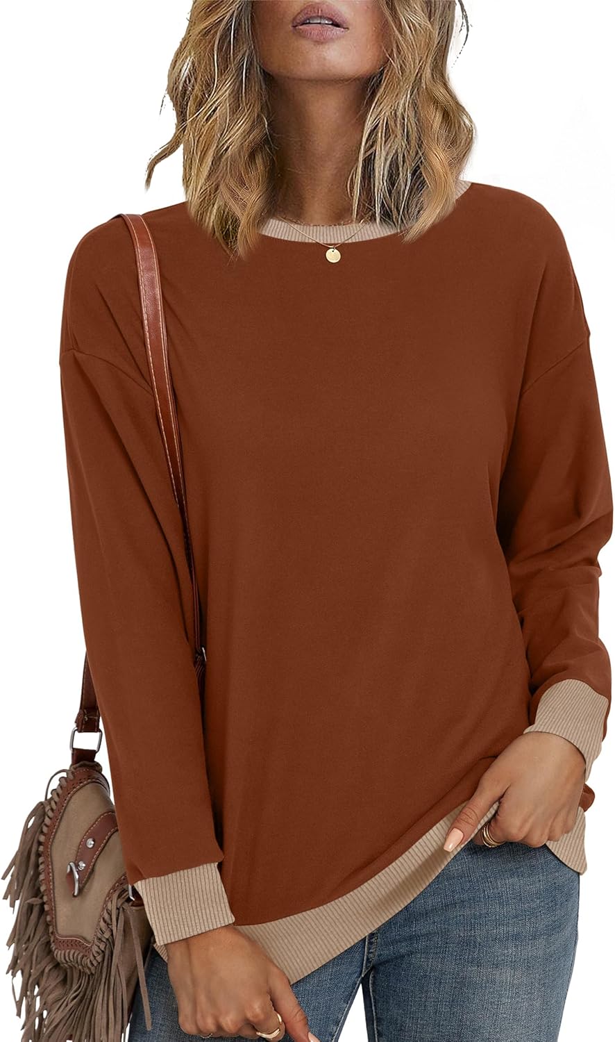 Desol Crew Neck Sweatshirt for Women 2024 Color Block Comfy Pullover Long Sleeve Loose Fit Fall Tops