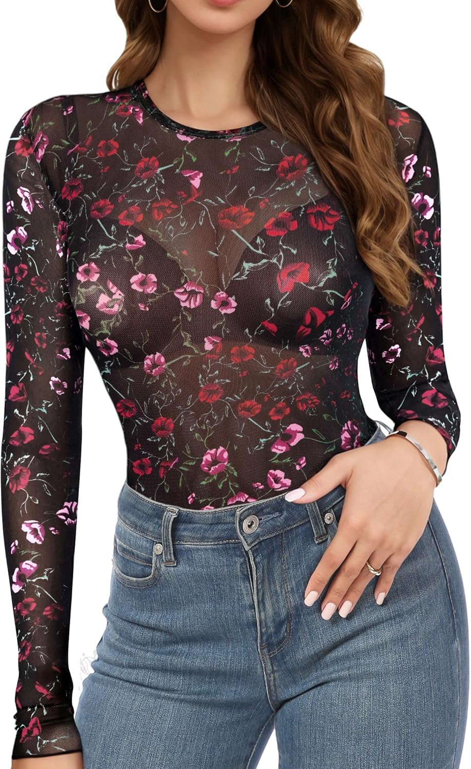 Buauty Mesh Long Sleeve Top for Women, Lace Sheer Tops See Through Mock Neck Floral Embroidery Sheer Blouce Fishnet Shirt