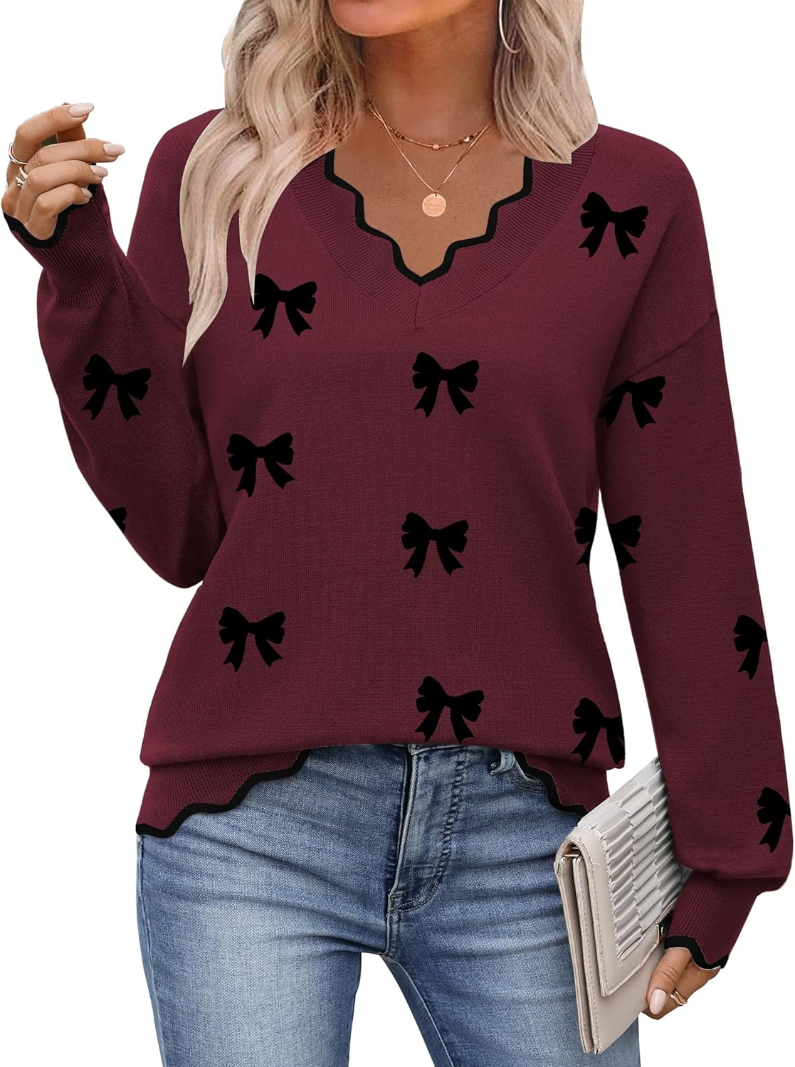 Zeagoo Women's 2025 Fall V Neck Sweater Casual Long Sleeve Lightweight Ribbed Knit Pullover Sweaters Dressy Casual Tops