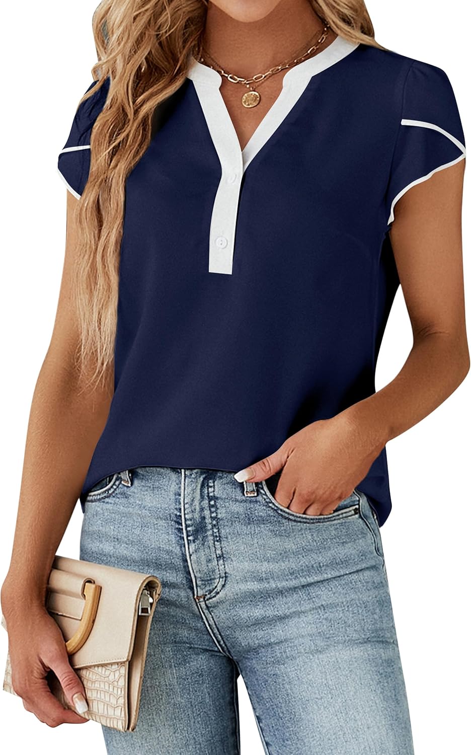 Blooming Jelly Women's Dressy Casual Tops Business Work Blouses White Button Down Shirts Cap Sleeve V Neck Tshirt