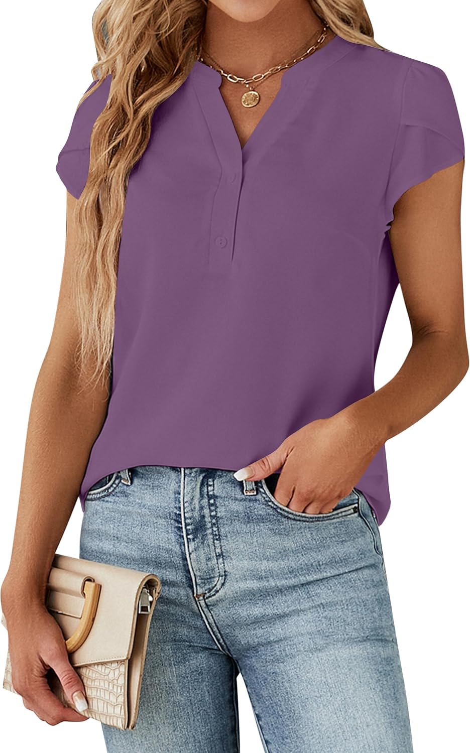 Blooming Jelly Women's Dressy Casual Tops Business Work Blouses White Button Down Shirts Cap Sleeve V Neck Tshirt