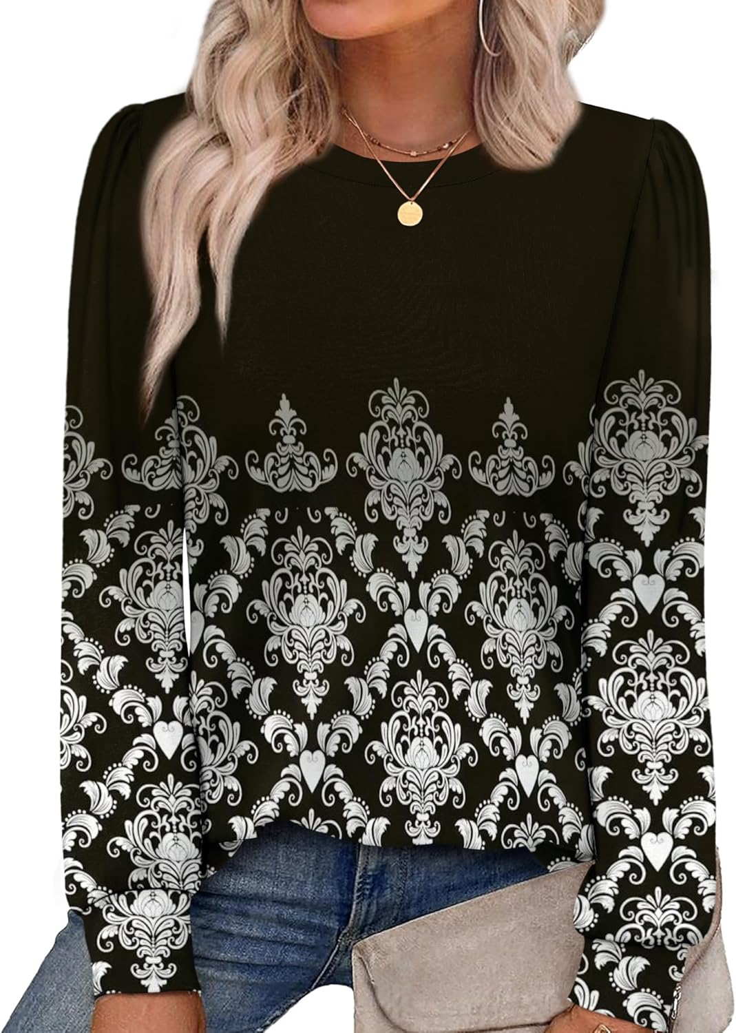 Alaroo Womens Long Sleeve Shirts 2025 Fall Tunic Tops Crewneck Blouses Print