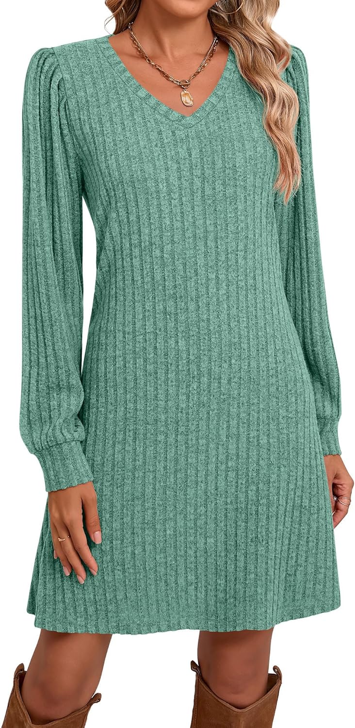 Ficerd Women's Knit Long Sleeve Sweater Dress Casual V Neck Tunic Dresses Fall Trendy Outfits